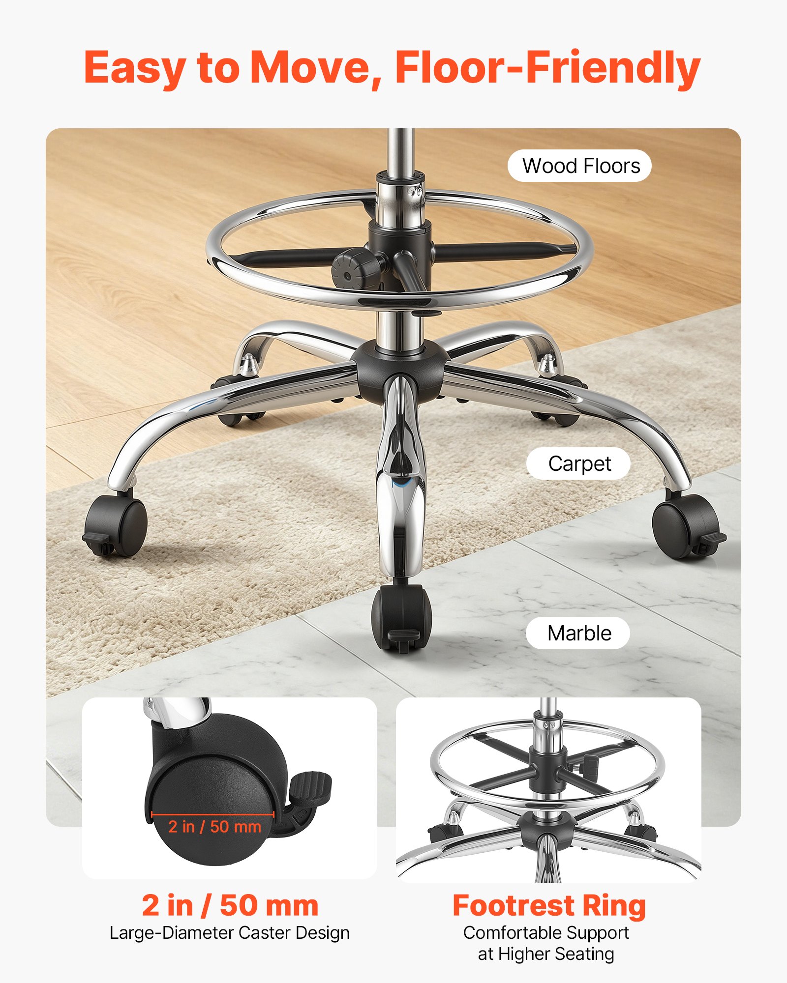 VEVOR Taburete Giratorio de Trabajo, Taburete con Ruedas Respaldo y Reposapiés, Altura Ajustable de 54-70 cm, Soporta 226,8 kg, Asiento Ergonómico Acolchado y Tapizado, para Oficina Clínica, Azul