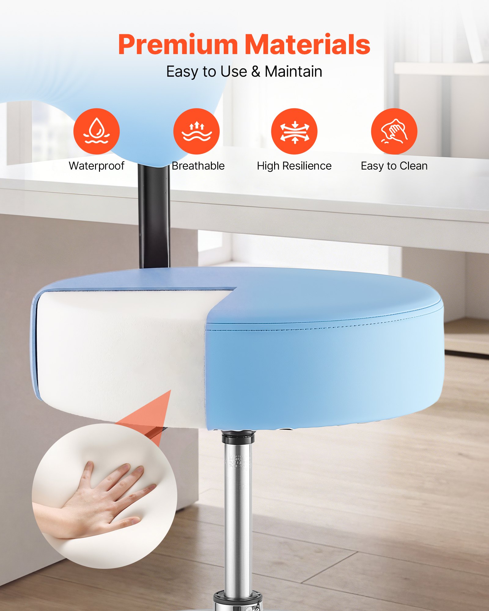 VEVOR Taburete Giratorio de Trabajo, Taburete con Ruedas Respaldo y Reposapiés, Altura Ajustable de 54-70 cm, Soporta 226,8 kg, Asiento Ergonómico Acolchado y Tapizado, para Oficina Clínica, Azul