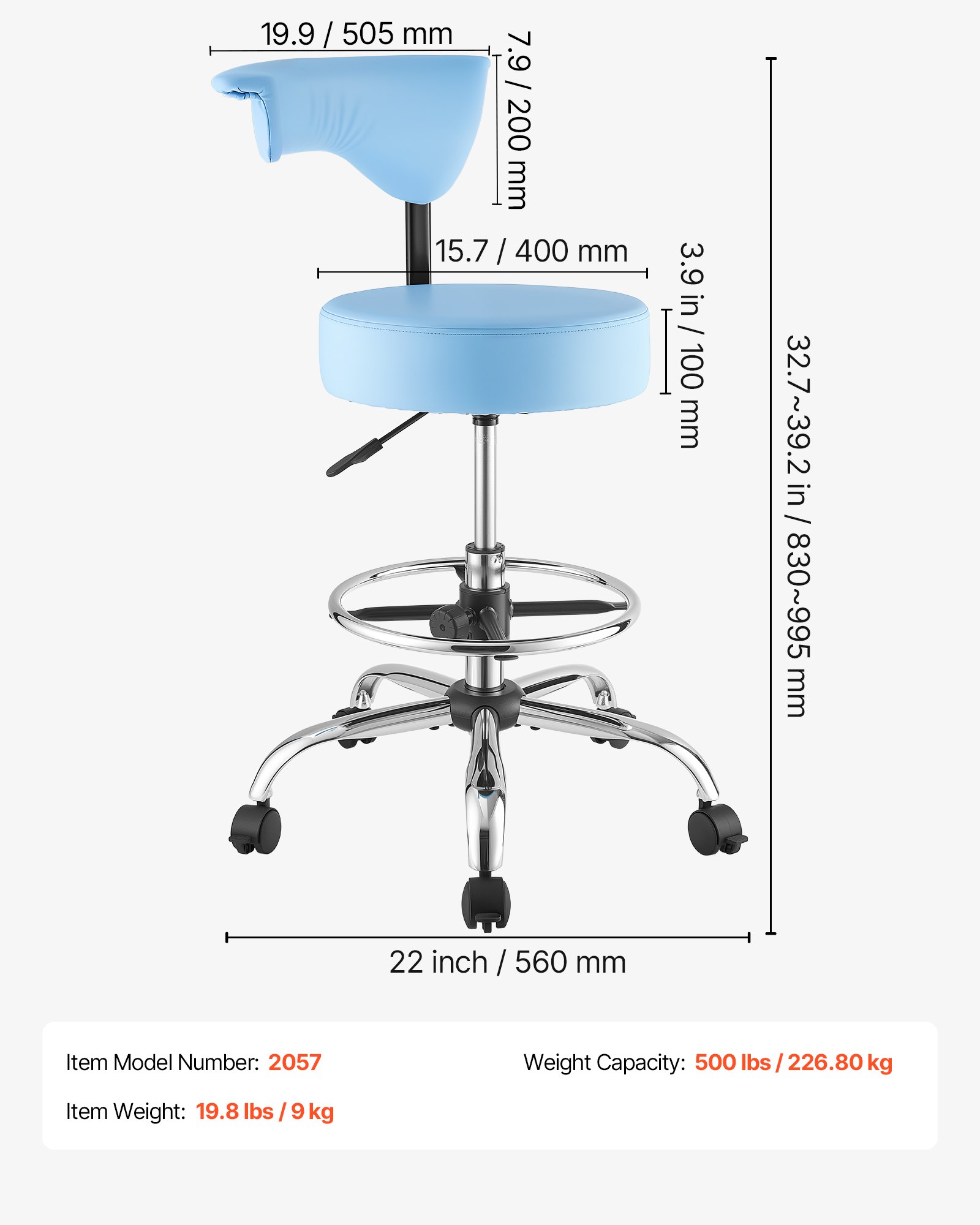 VEVOR Taburete Giratorio de Trabajo, Taburete con Ruedas Respaldo y Reposapiés, Altura Ajustable de 54-70 cm, Soporta 226,8 kg, Asiento Ergonómico Acolchado y Tapizado, para Oficina Clínica, Azul