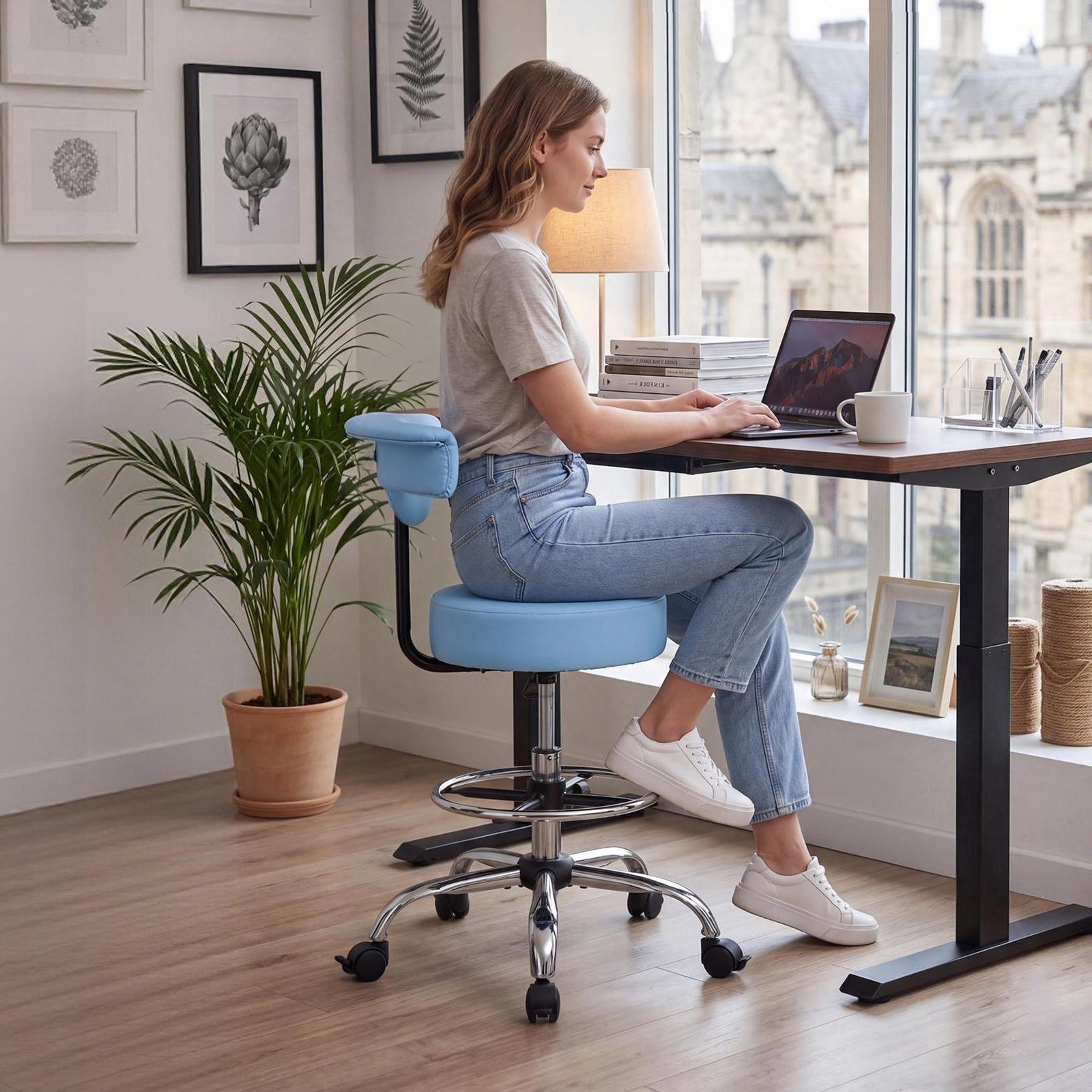 VEVOR Taburete Giratorio de Trabajo, Taburete con Ruedas Respaldo y Reposapiés, Altura Ajustable de 54-70 cm, Soporta 226,8 kg, Asiento Ergonómico Acolchado y Tapizado, para Oficina Clínica, Azul