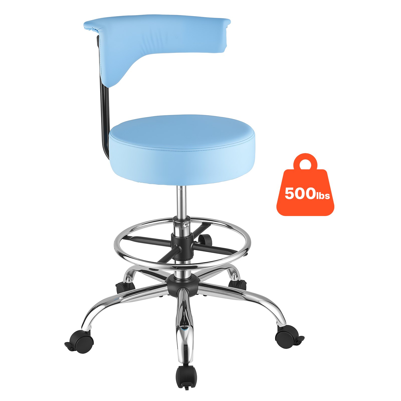 VEVOR Taburete Giratorio de Trabajo, Taburete con Ruedas Respaldo y Reposapiés, Altura Ajustable de 54-70 cm, Soporta 226,8 kg, Asiento Ergonómico Acolchado y Tapizado, para Oficina Clínica, Azul