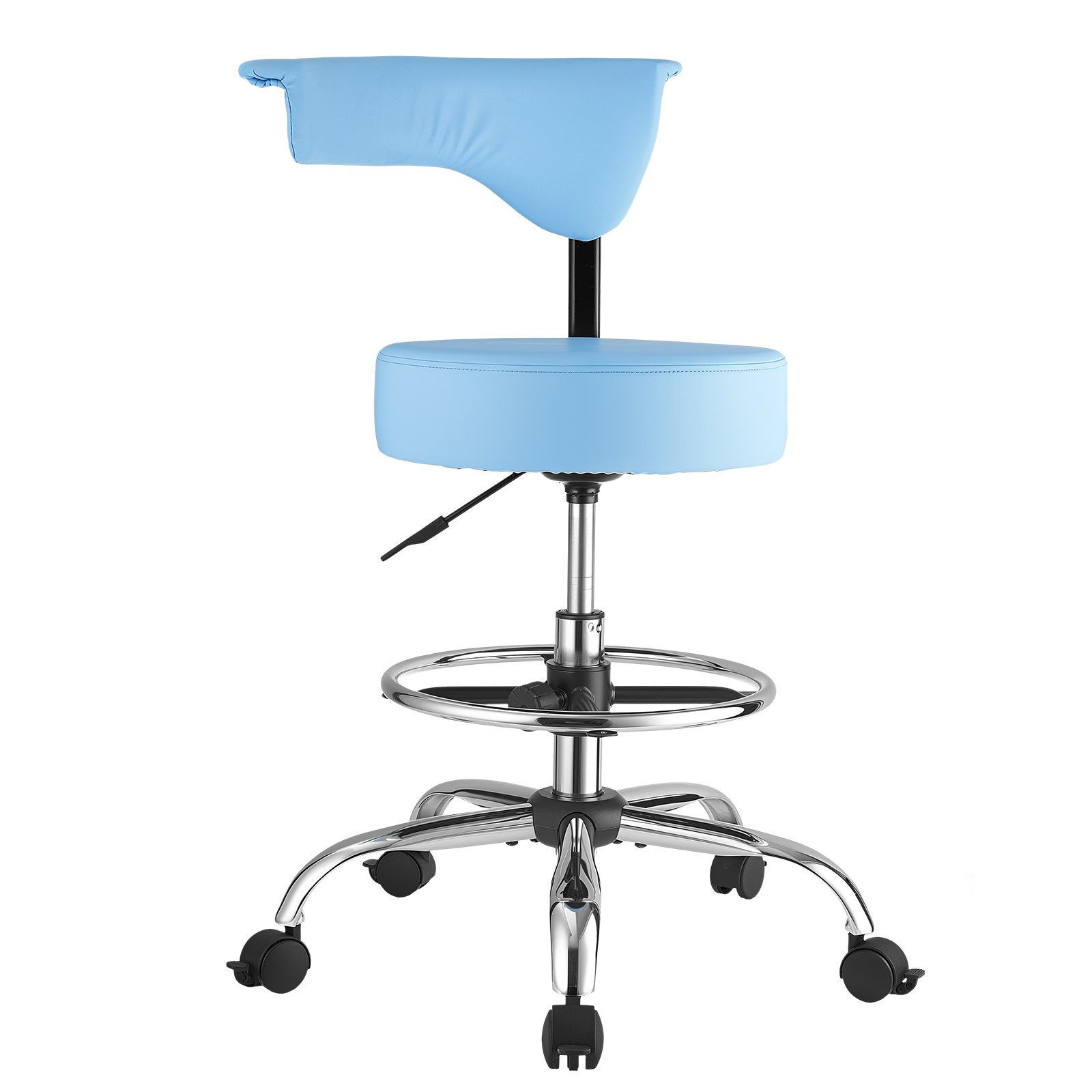 VEVOR Taburete Giratorio de Trabajo, Taburete con Ruedas Respaldo y Reposapiés, Altura Ajustable de 54-70 cm, Soporta 226,8 kg, Asiento Ergonómico Acolchado y Tapizado, para Oficina Clínica, Azul