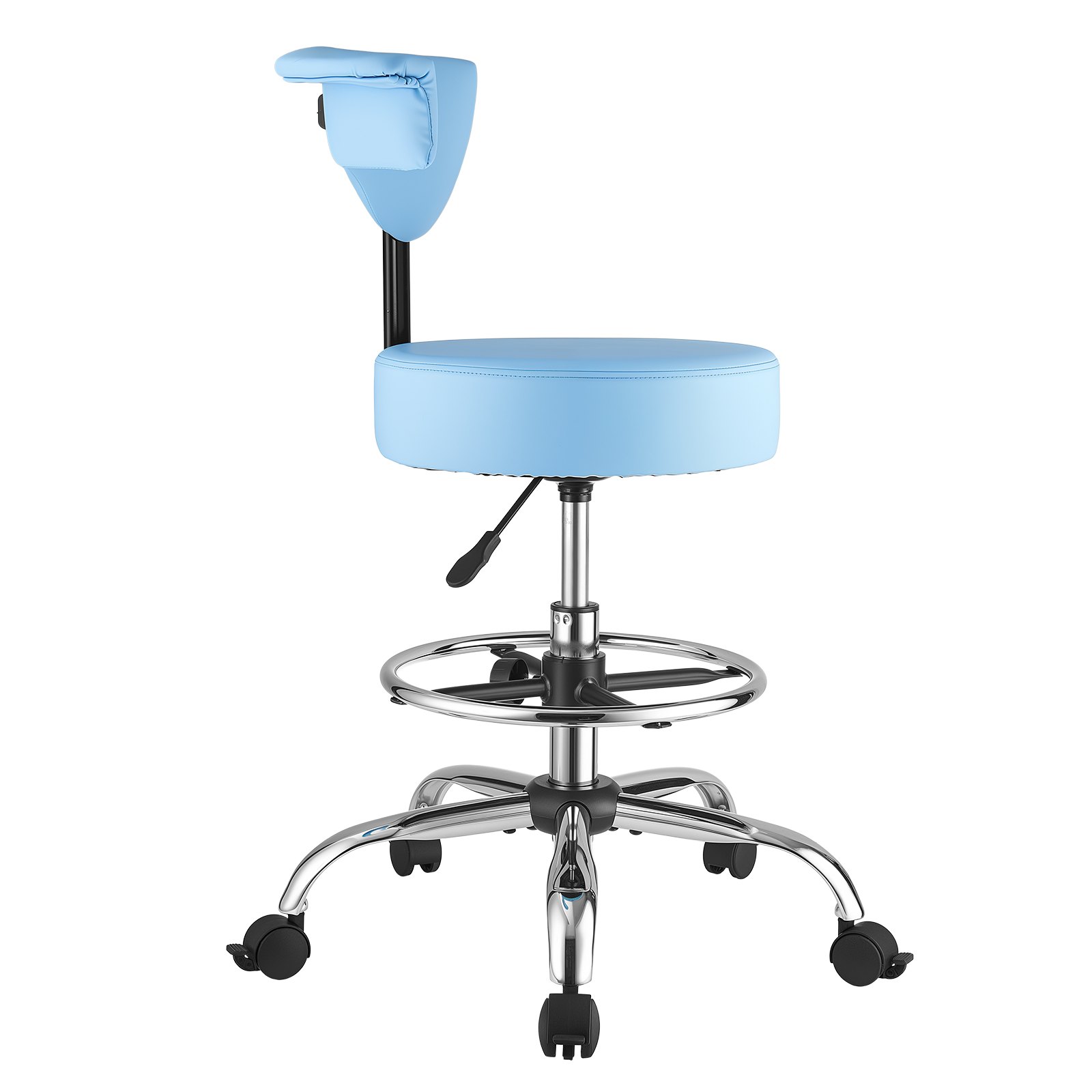 VEVOR Taburete Giratorio de Trabajo, Taburete con Ruedas Respaldo y Reposapiés, Altura Ajustable de 54-70 cm, Soporta 226,8 kg, Asiento Ergonómico Acolchado y Tapizado, para Oficina Clínica, Azul