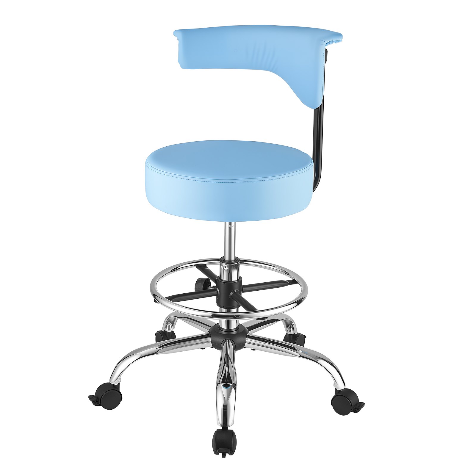 VEVOR Taburete Giratorio de Trabajo, Taburete con Ruedas Respaldo y Reposapiés, Altura Ajustable de 54-70 cm, Soporta 226,8 kg, Asiento Ergonómico Acolchado y Tapizado, para Oficina Clínica, Azul