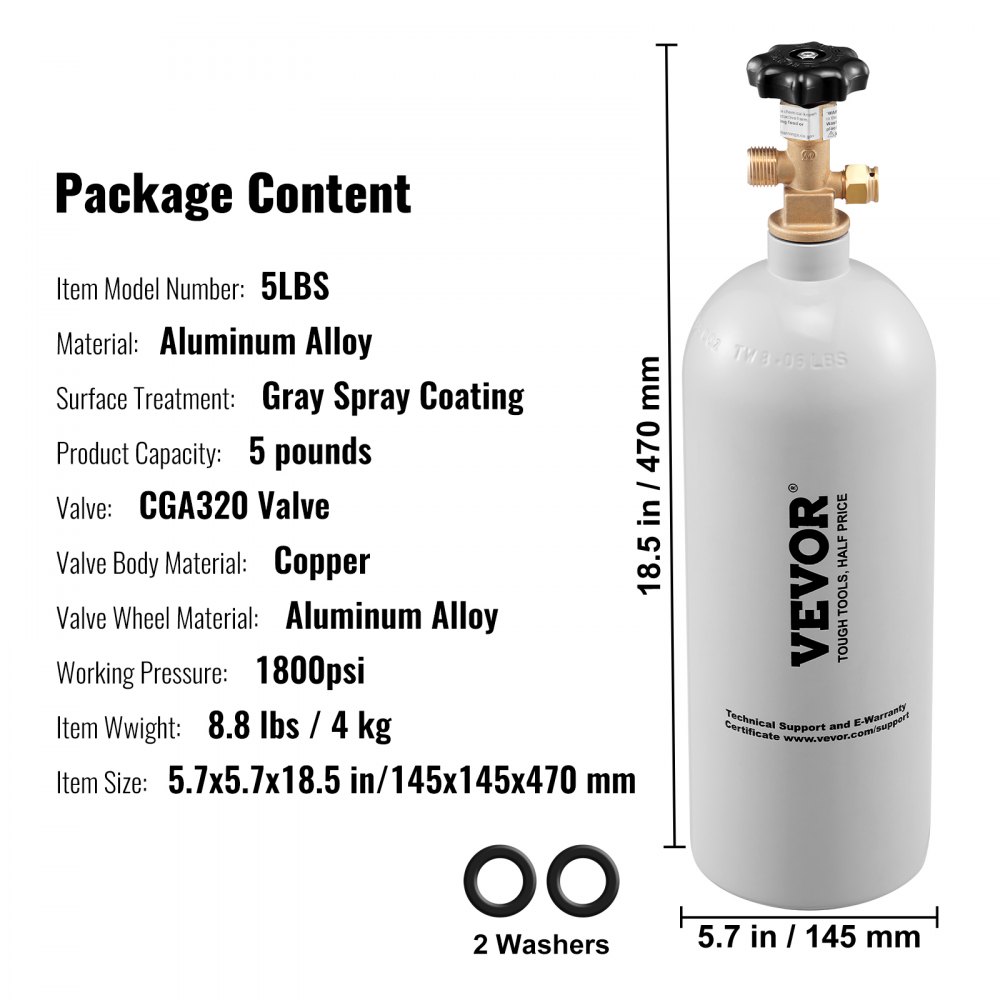 VEVOR Cilindro de Gas de Aluminio con Tanque de CO2 de 2,3 kg con Válvula CGA320 Presión 1800 psi Peso 4 kg para Llenado de Cerveza Máquina Dispensadora de Bebidas a Presión Máquina Carbonatadora