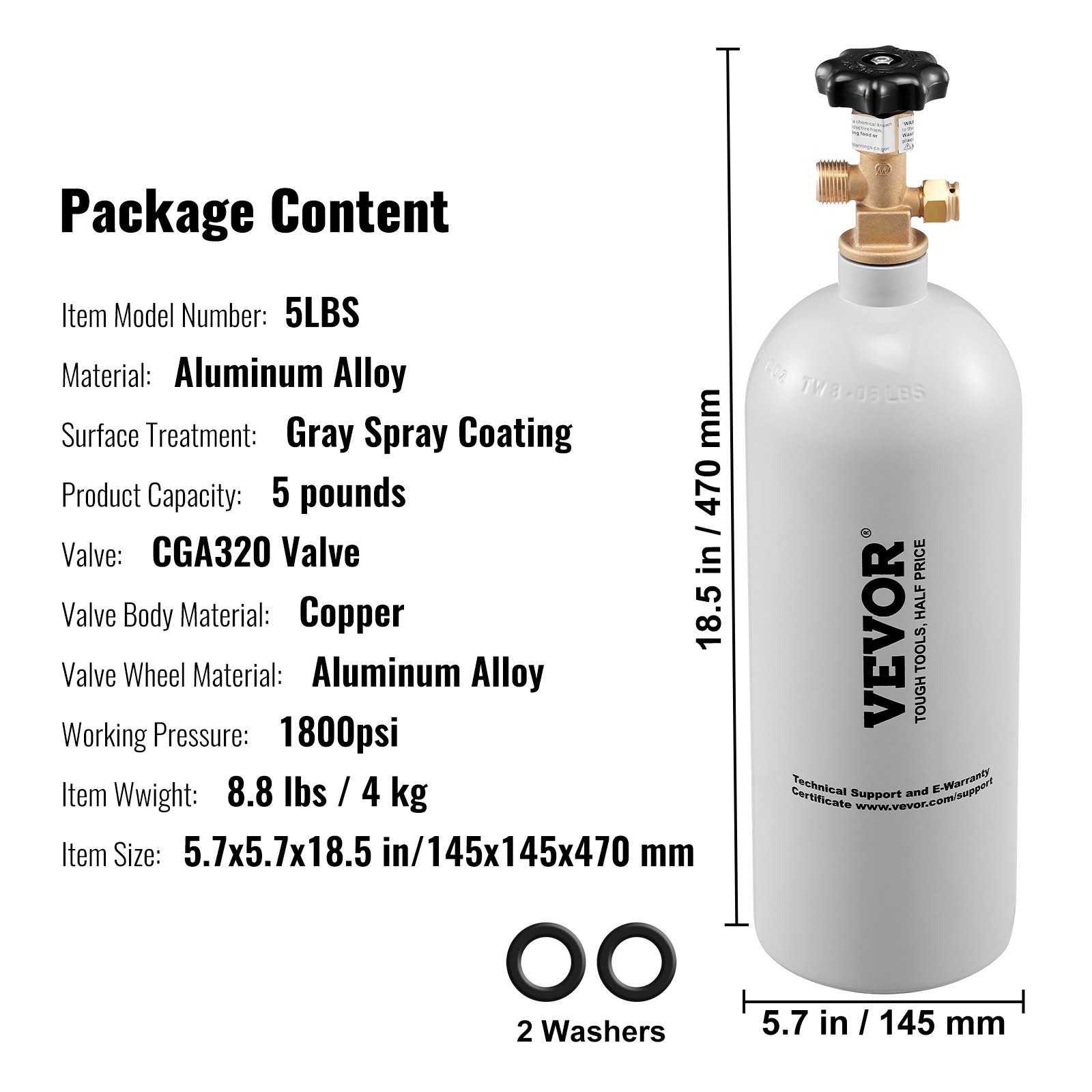 VEVOR Cilindro de Gas de Aluminio con Tanque de CO2 de 2,3 kg con Válvula CGA320 Presión 1800 psi Peso 4 kg para Llenado de Cerveza Máquina Dispensadora de Bebidas a Presión Máquina Carbonatadora