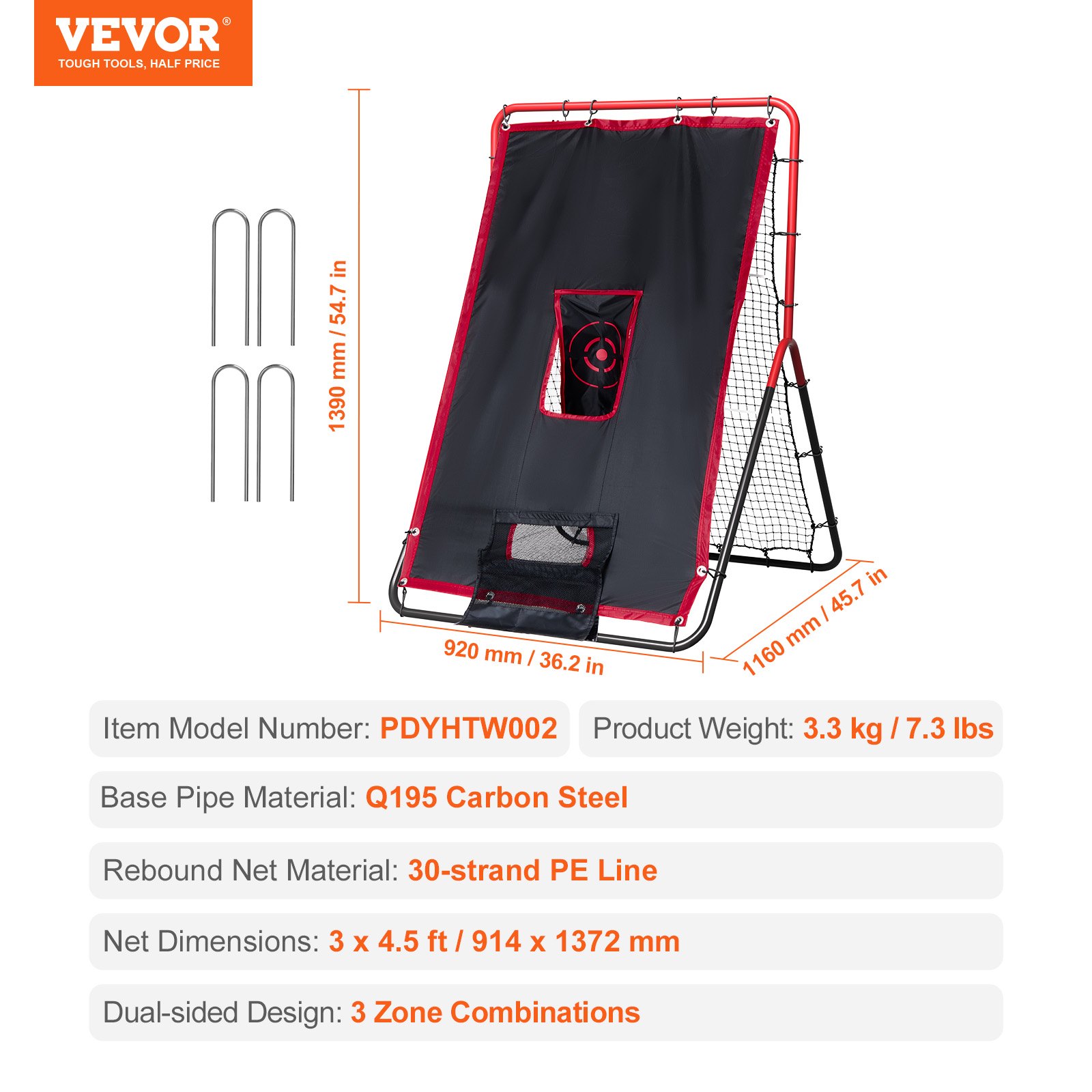 VEVOR Red de Rebote para Béisbol y Softbol ​​914 x 1372 mm Red de Lanzamiento 2 en 1 Entrenador de Rebote de Lanzador de Béisbol Red de Rebote para Práctica de Campo y Lanzamiento