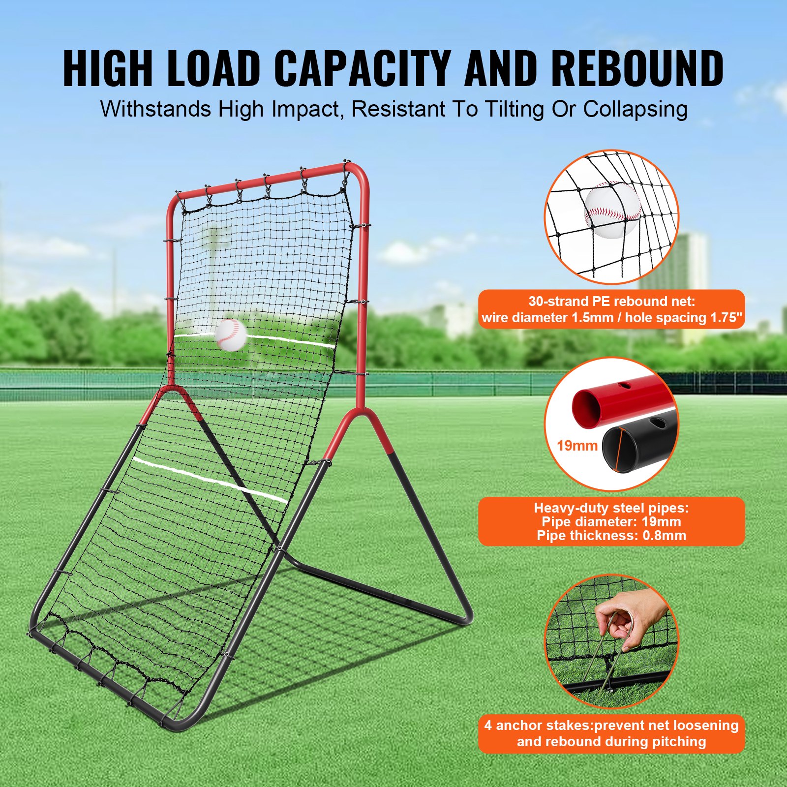 VEVOR Red de Rebote de Béisbol y Softbol 914x1372 mm Red de Lanzamiento de Béisbol de 3 vías Entrenador de Rebote de Lanzador de Béisbol Línea de PE de 30 Hilos para Práctica de Campo y Lanzamiento
