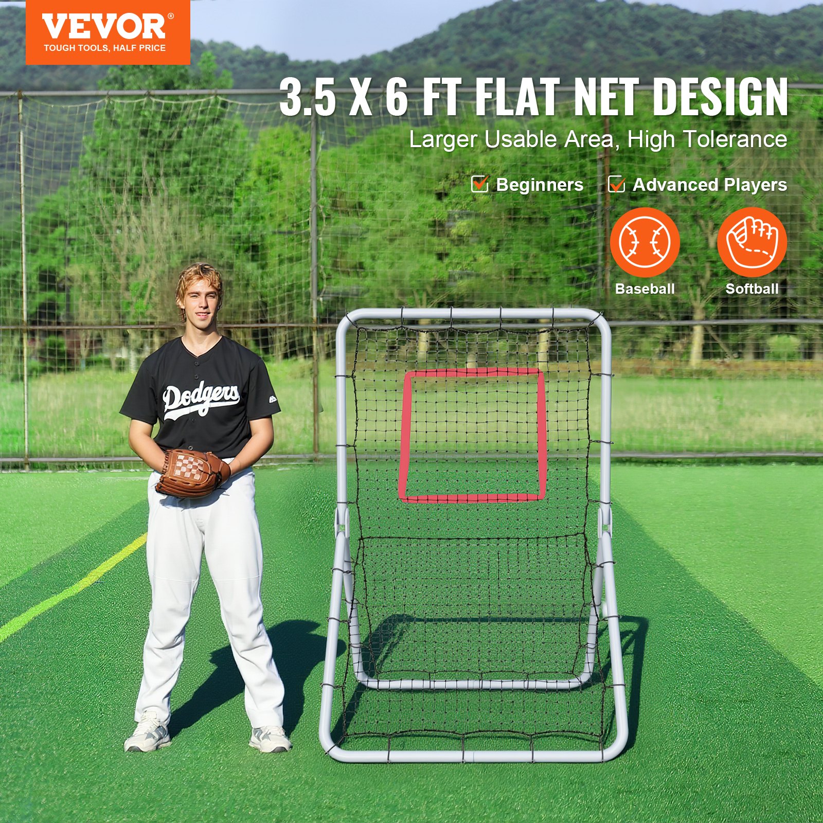 VEVOR Red de Rebote de Béisbol y Softbol 1066,8x1828,8 mm Red de Lanzamiento de Béisbol Entrenador de Rebote de Lanzador Línea de PE de 45 Hilos 5 Ángulos Ajustables para Práctica de Campo
