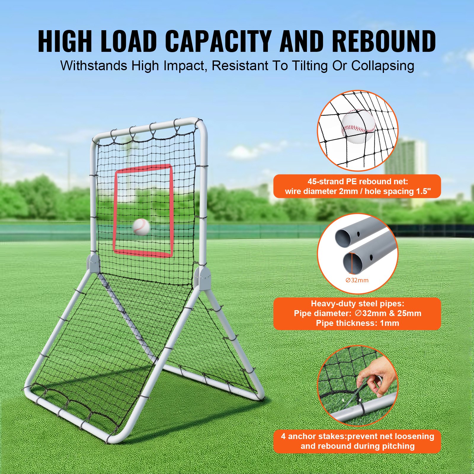VEVOR Red de Rebote de Béisbol y Softbol 1066,8x1828,8 mm Red de Lanzamiento de Béisbol Entrenador de Rebote de Lanzador Línea de PE de 45 Hilos 5 Ángulos Ajustables para Práctica de Campo