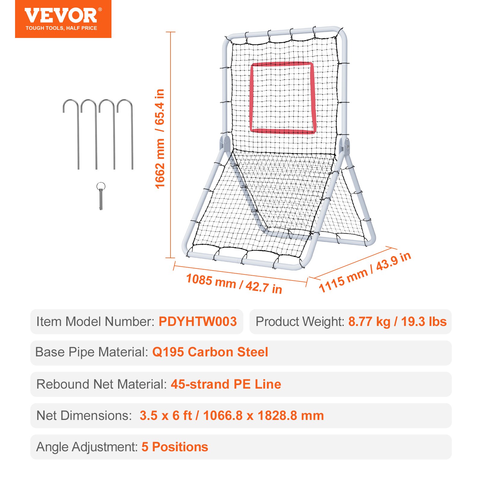 VEVOR Red de Rebote de Béisbol y Softbol 1066,8x1828,8 mm Red de Lanzamiento de Béisbol Entrenador de Rebote de Lanzador Línea de PE de 45 Hilos 5 Ángulos Ajustables para Práctica de Campo