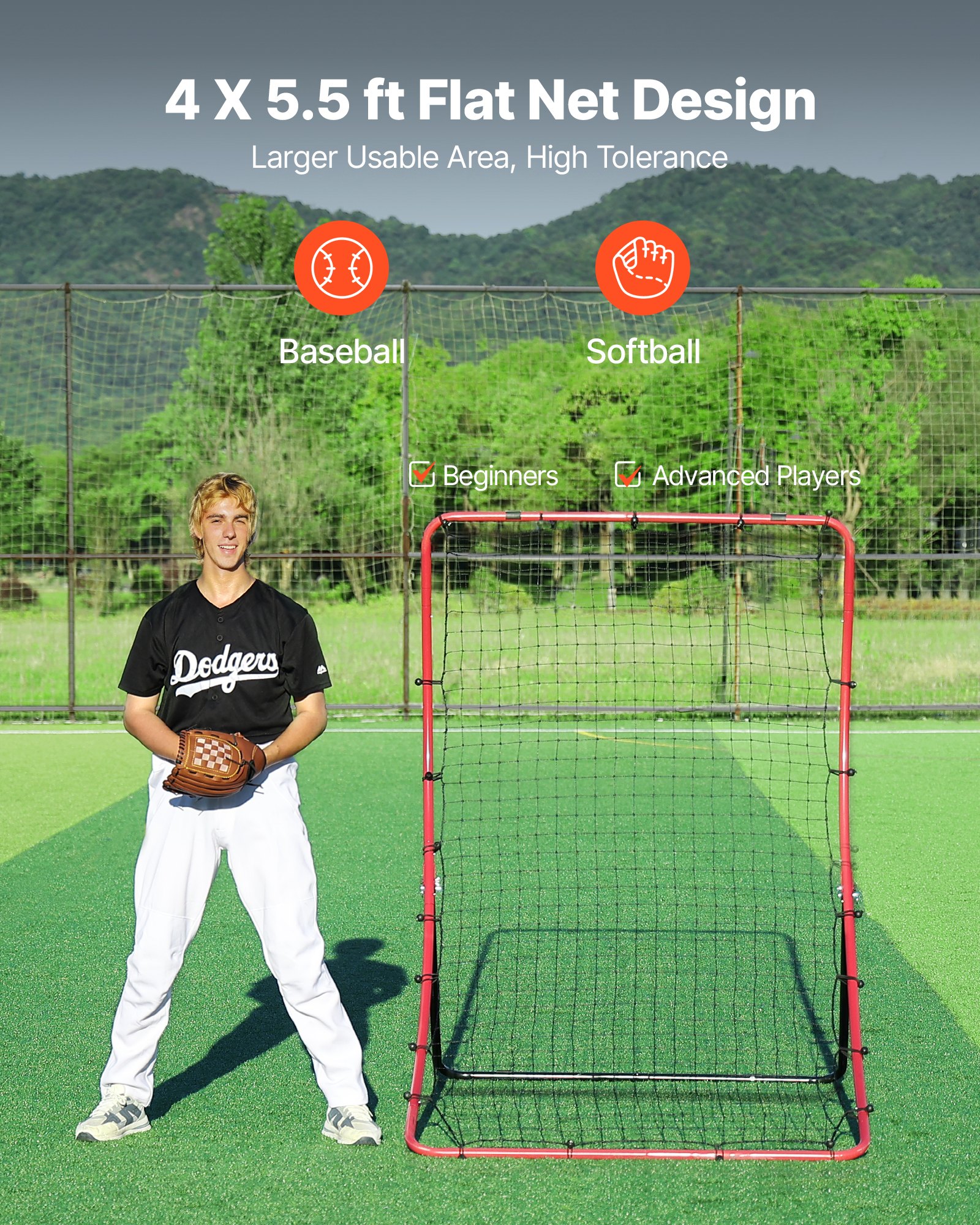 VEVOR Red de Rebote de Béisbol y Sóftbol, 1,2 x 1,7 m, 5 Ángulos Ajustables, Estructura de Acero y Red de PE, con Estacas para Suelo, para Entrenamiento de Lanzamiento y Defensa, Práctica de Retorno