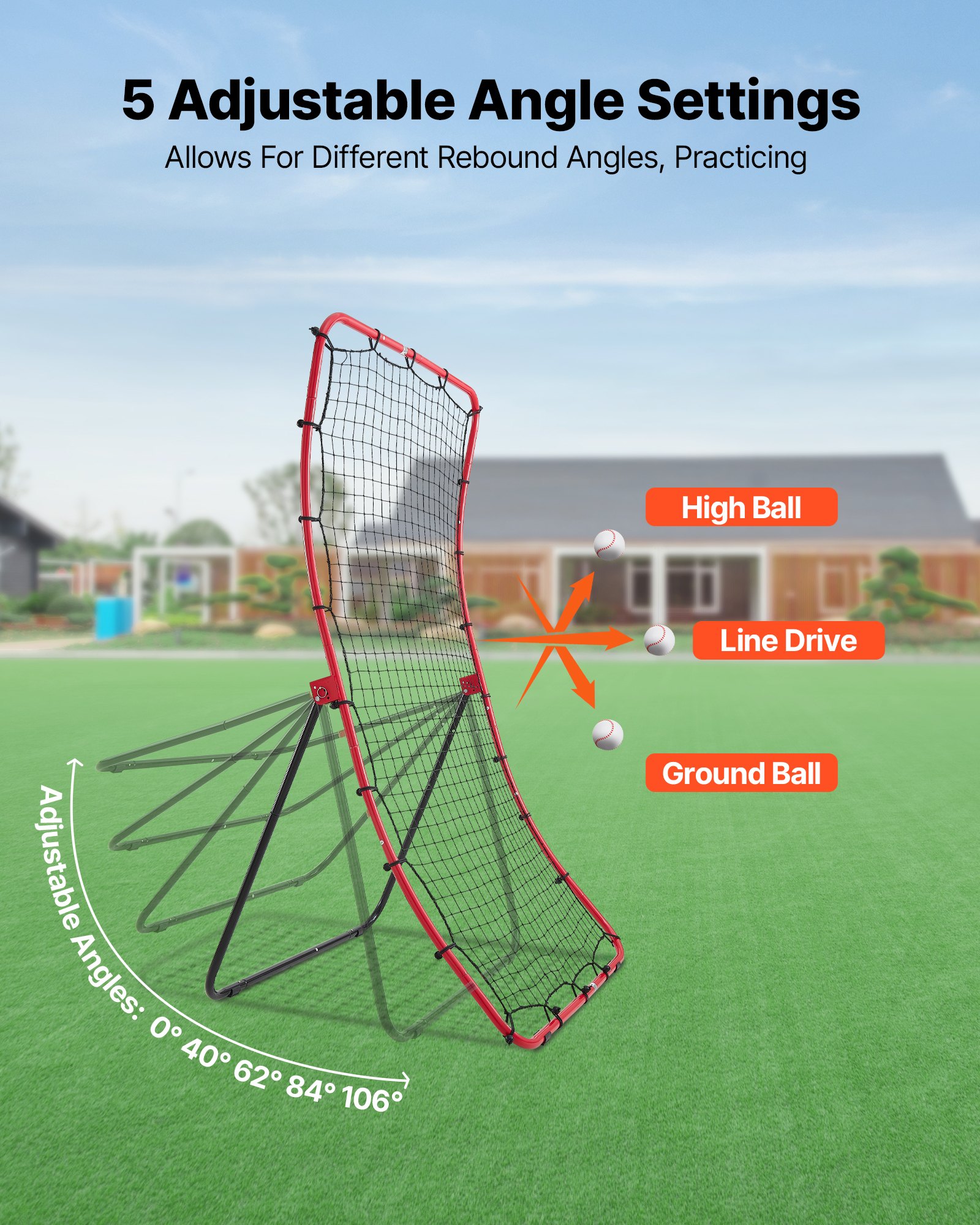 VEVOR Red de Rebote de Béisbol y Sóftbol, 1,2 x 1,7 m, 5 Ángulos Ajustables, Estructura de Acero y Red de PE, con Estacas para Suelo, para Entrenamiento de Lanzamiento y Defensa, Práctica de Retorno