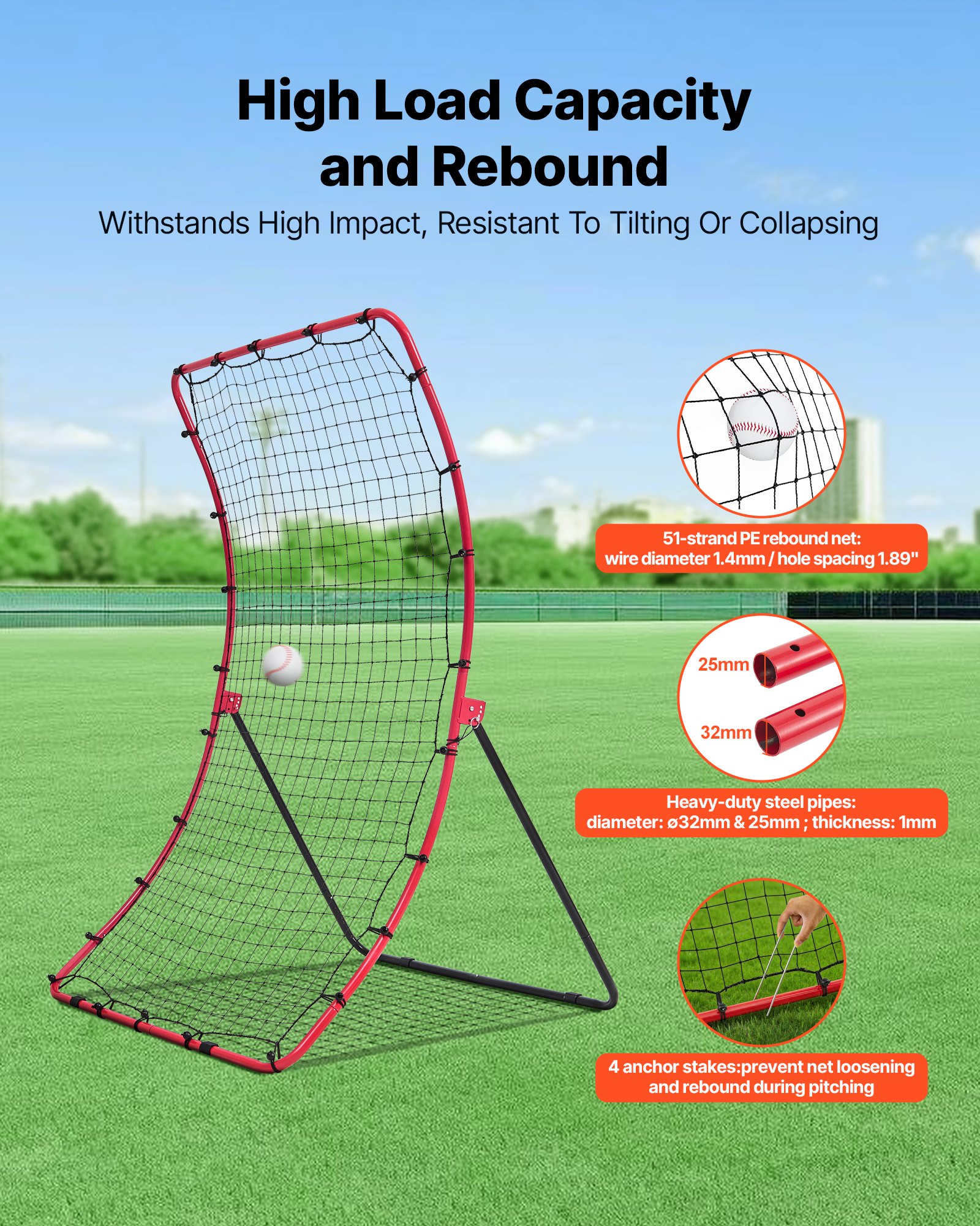 VEVOR Red de Rebote de Béisbol y Sóftbol, 1,2 x 1,7 m, 5 Ángulos Ajustables, Estructura de Acero y Red de PE, con Estacas para Suelo, para Entrenamiento de Lanzamiento y Defensa, Práctica de Retorno