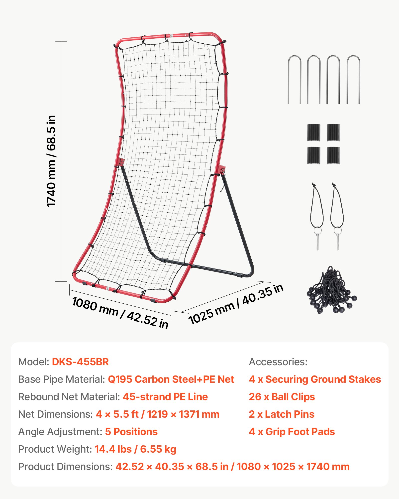 VEVOR Red de Rebote de Béisbol y Sóftbol, 1,2 x 1,7 m, 5 Ángulos Ajustables, Estructura de Acero y Red de PE, con Estacas para Suelo, para Entrenamiento de Lanzamiento y Defensa, Práctica de Retorno