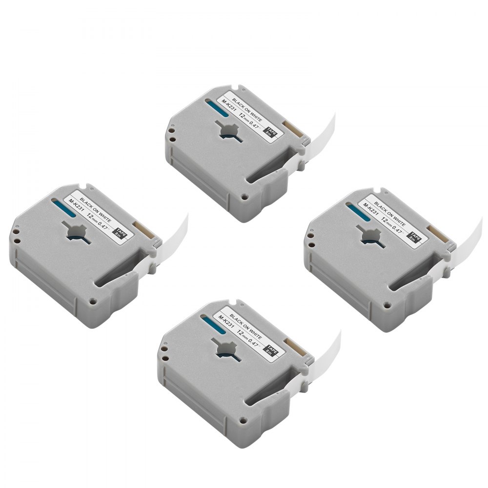 VEVOR 4 Paquetes Cinta para Rotuladora, Ancho de 12 mm, Compatible con Varios tipos de Rotuladoras Brother, Duradera y Resistente al Agua Repuesto para Letra Tag M-K231, Color Negro Sobre Blanco
