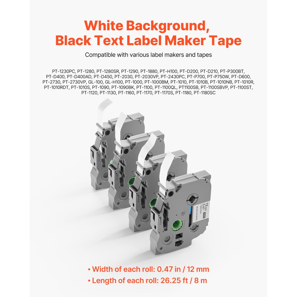 VEVOR 4 Paquetes Cinta para Etiquetas, Ancho de 12 mm, Repuestos Compatibles con Varios Tipos de Etiquetadoras Brother P-Touch, Reemplazo para Letra Tag TZe-231, Color Negro Sobre Blanco