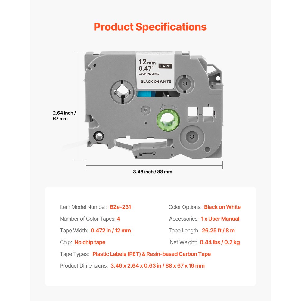VEVOR 4 Paquetes Cinta para Etiquetas, Ancho de 12 mm, Repuestos Compatibles con Varios Tipos de Etiquetadoras Brother P-Touch, Reemplazo para Letra Tag TZe-231, Color Negro Sobre Blanco