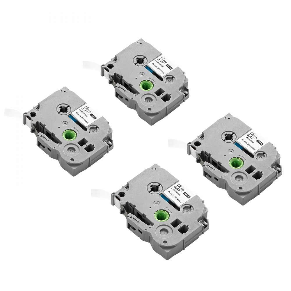 VEVOR 4 Paquetes Cinta para Etiquetas, Ancho de 12 mm, Repuestos Compatibles con Varios Tipos de Etiquetadoras Brother P-Touch, Reemplazo para Letra Tag TZe-231, Color Negro Sobre Blanco