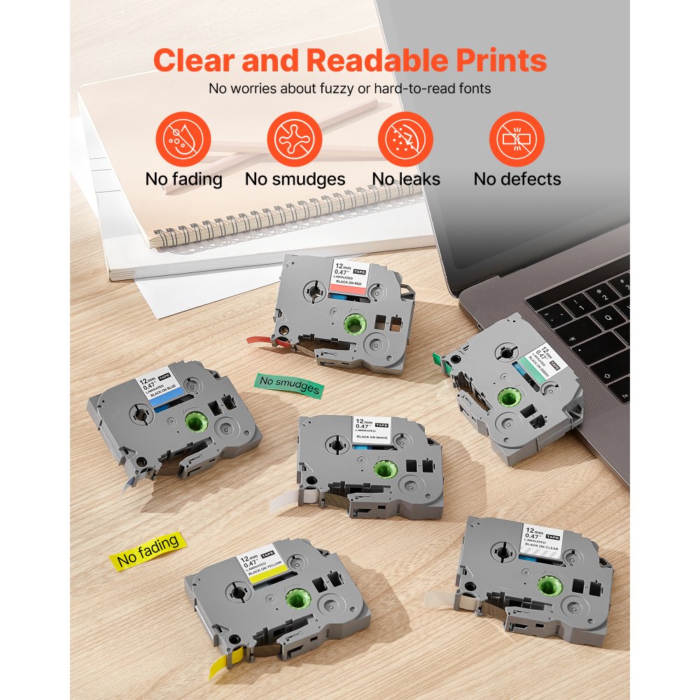 VEVOR 6 Paquetes Cinta para Etiquetas, Ancho de 12 mm, Compatible con Varios Modelos de Brother P-Touch, Repuesto para Letra Tag TZe-131, TZe-231, TZe-431, TZe-531, TZe-631 y TZe-731, Multicolor