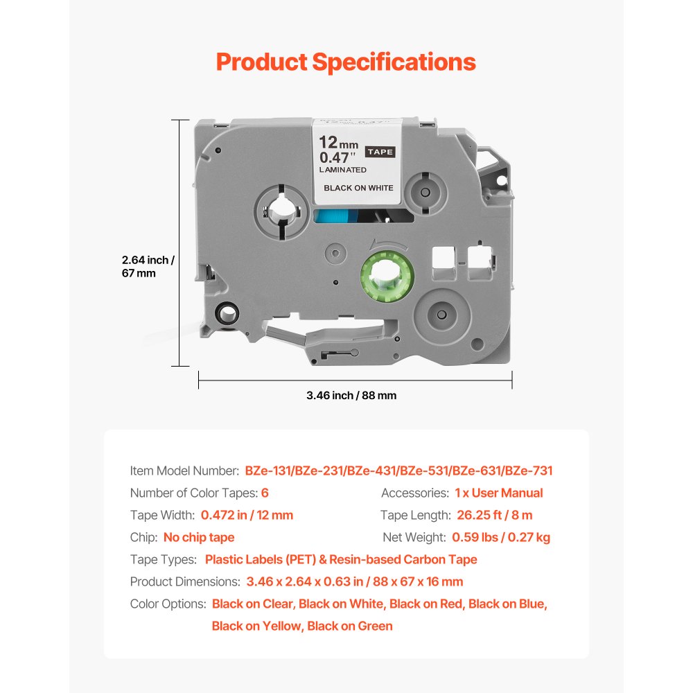 VEVOR 6 Paquetes Cinta para Etiquetas, Ancho de 12 mm, Compatible con Varios Modelos de Brother P-Touch, Repuesto para Letra Tag TZe-131, TZe-231, TZe-431, TZe-531, TZe-631 y TZe-731, Multicolor