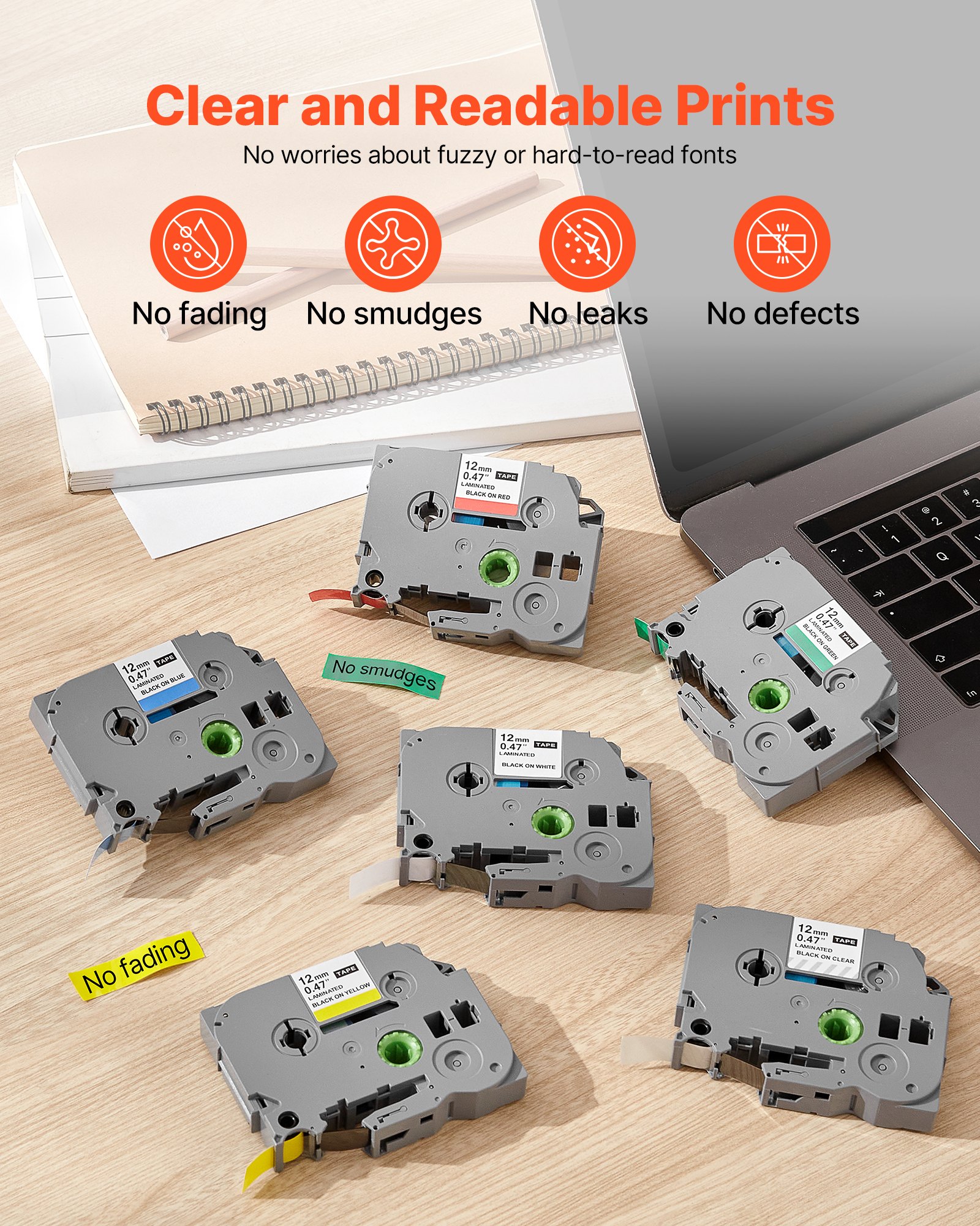 VEVOR 6 Paquetes Cinta para Etiquetas, Ancho de 12 mm, Compatible con Varios Modelos de Brother P-Touch, Repuesto para Letra Tag TZe-131, TZe-231, TZe-431, TZe-531, TZe-631 y TZe-731, Multicolor