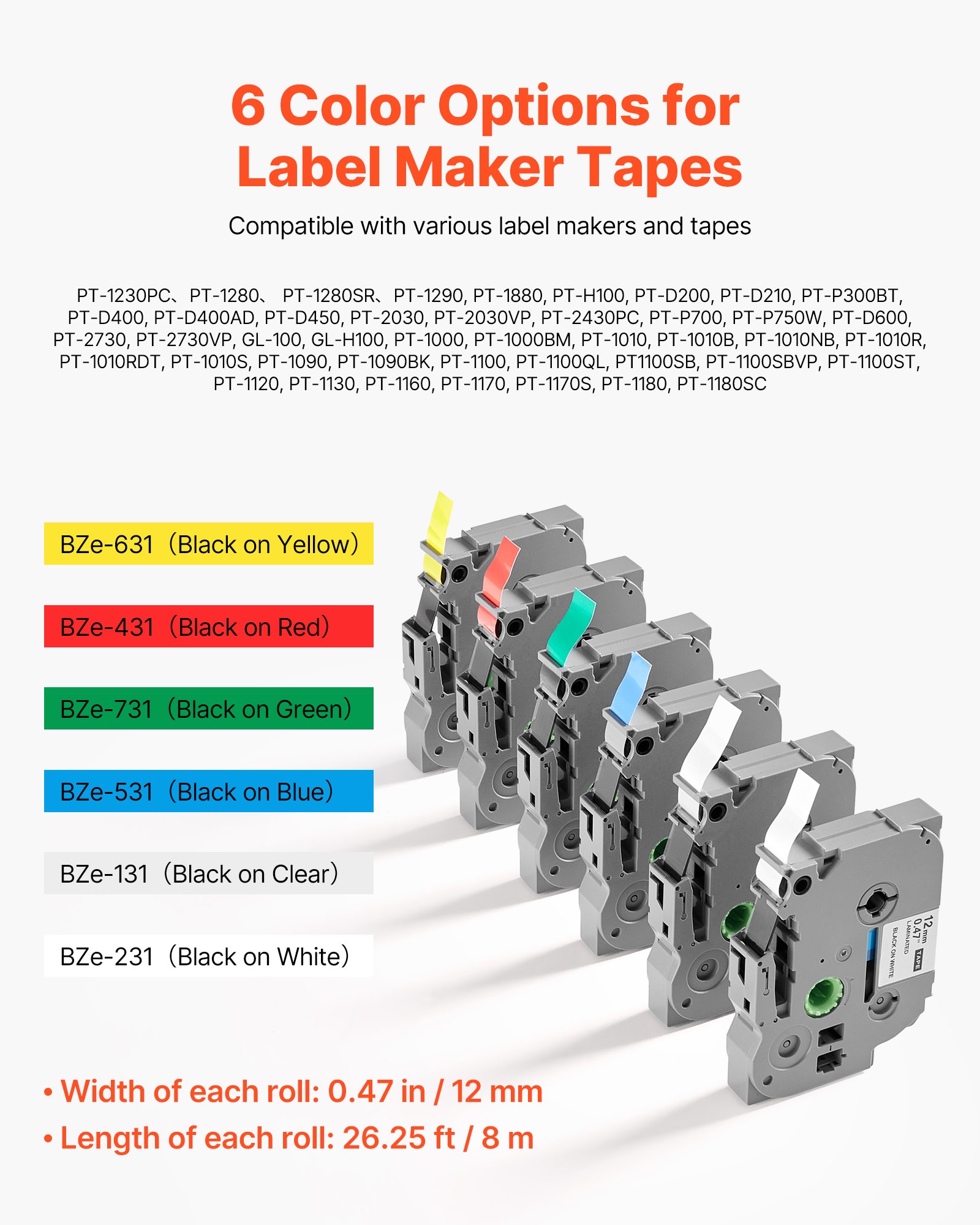VEVOR 6 Paquetes Cinta para Etiquetas, Ancho de 12 mm, Compatible con Varios Modelos de Brother P-Touch, Repuesto para Letra Tag TZe-131, TZe-231, TZe-431, TZe-531, TZe-631 y TZe-731, Multicolor
