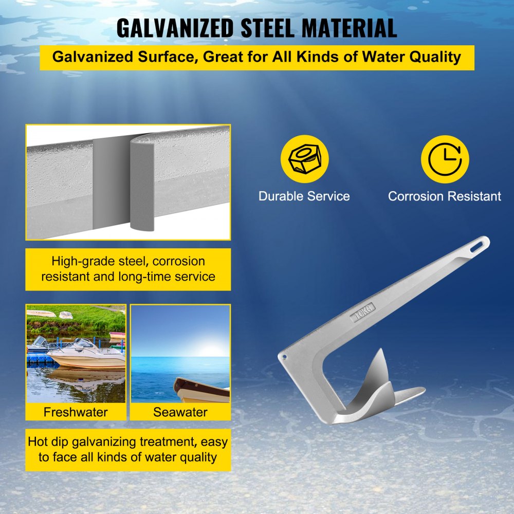 VEVOR Ancla para Barco Acero Galvanizado Ancla Bruce para Embarcaciones Pequeñas Ancla Galvanizada Alta Resistencia y Ajuste Rápido para Fondos Marinos Arena, Barro, Rocas, Corales (22 lbs / 10 kg)