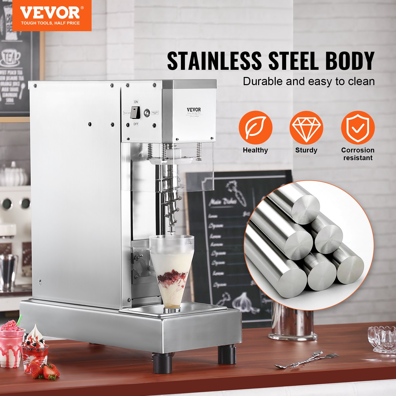Licuadora para helados VEVOR, batidora para helados de alta velocidad de 750 W, 1740 RPM, batidora para helados de acero inoxidable 304, mango largo + protector de PC, personalizable con cualquier sabor de helado