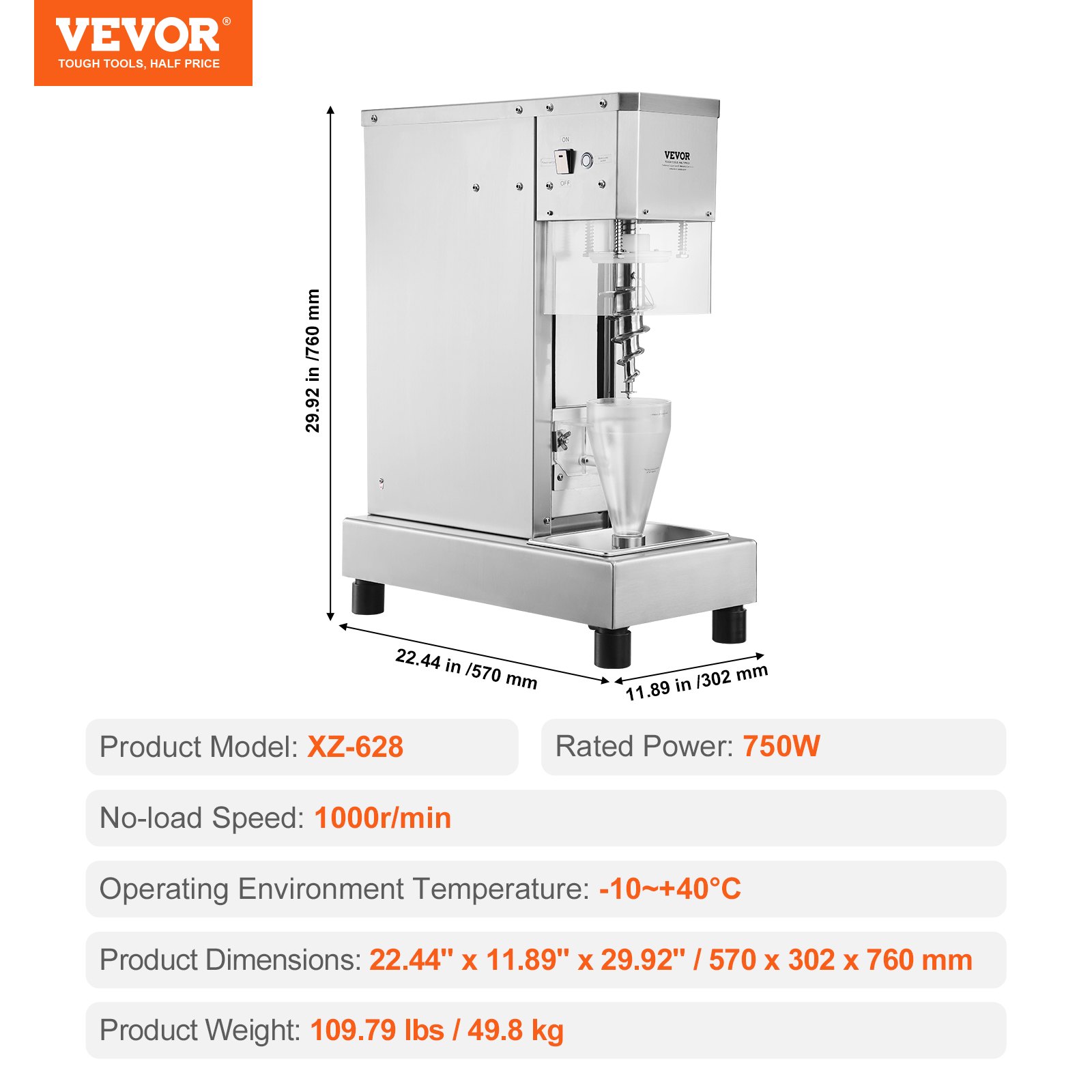 Licuadora para helados VEVOR, batidora para helados de alta velocidad de 750 W, 1740 RPM, batidora para helados de acero inoxidable 304, mango largo + protector de PC, personalizable con cualquier sabor de helado
