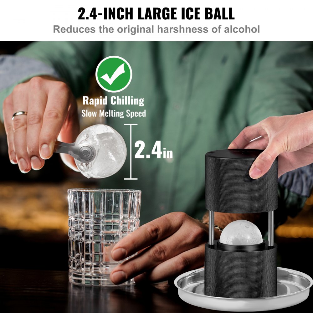 VEVOR Prensa para Bolas de Hielo 2,4" Kit de Prensa para Bolas de Hielo de Aleación de Avión para Esferas de Hielo de 60mm, Prensa para Hielo con Pinza y Bandeja de Goteo, para Whisky, Cocktail, Negro