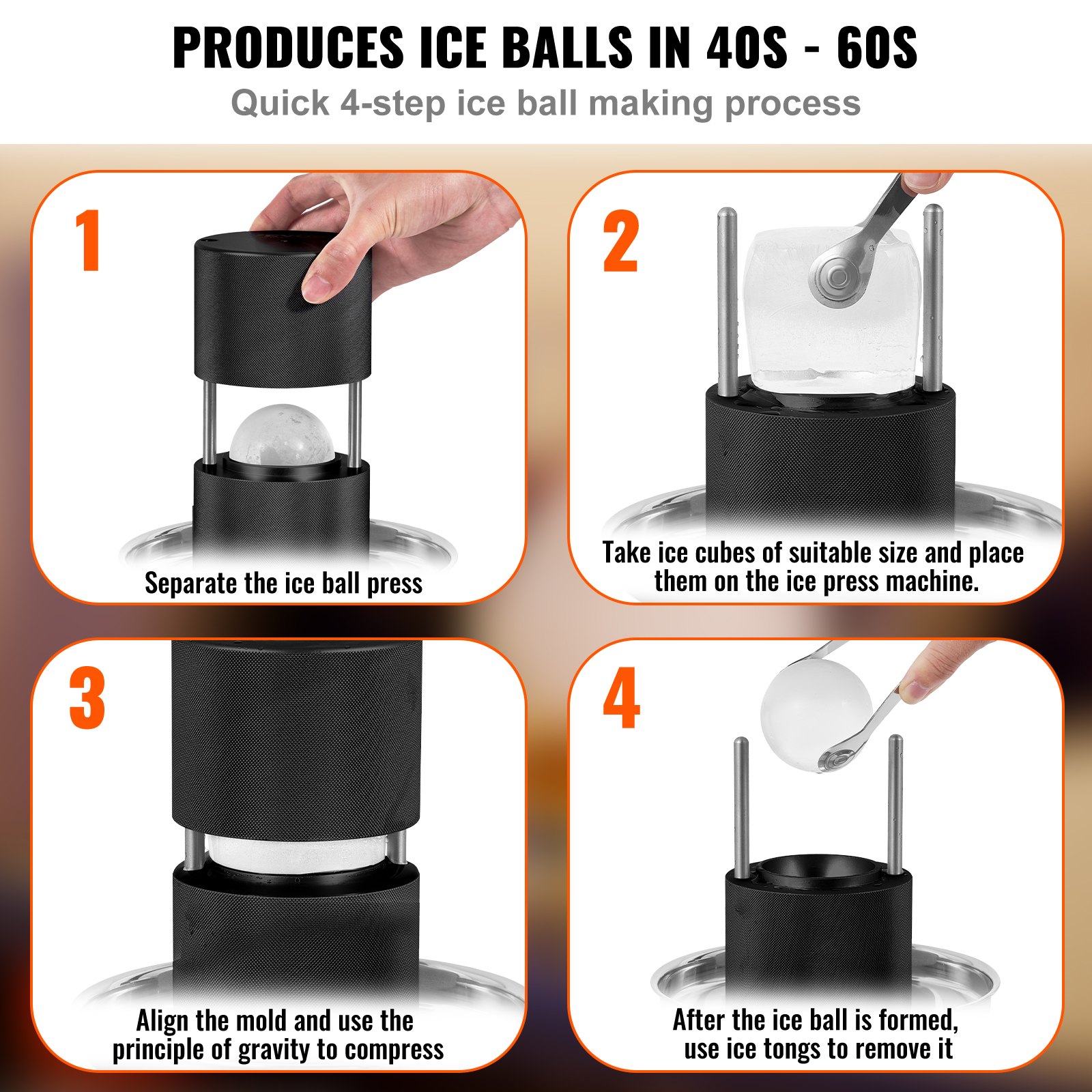 VEVOR Prensa para Bolas de Hielo 2,4" Kit de Prensa para Bolas de Hielo de Aleación de Avión para Esferas de Hielo de 60mm, Prensa para Hielo con Pinza y Bandeja de Goteo, para Whisky, Cocktail, Negro