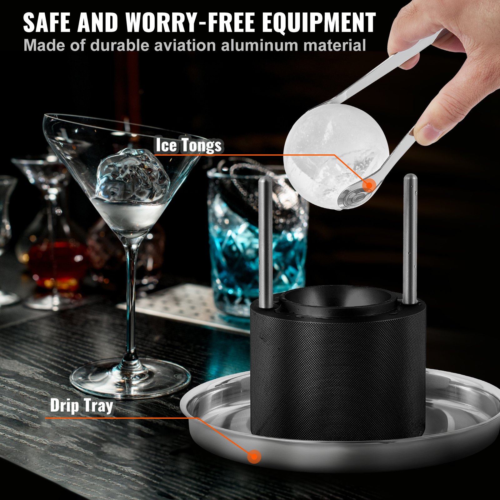 VEVOR Prensa para Bolas de Hielo 2,4" Kit de Prensa para Bolas de Hielo de Aleación de Avión para Esferas de Hielo de 60mm, Prensa para Hielo con Pinza y Bandeja de Goteo, para Whisky, Cocktail, Negro