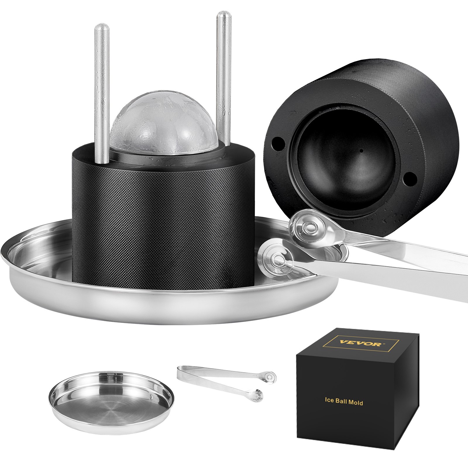 VEVOR Prensa para Bolas de Hielo 2,4" Kit de Prensa para Bolas de Hielo de Aleación de Avión para Esferas de Hielo de 60mm, Prensa para Hielo con Pinza y Bandeja de Goteo, para Whisky, Cocktail, Negro