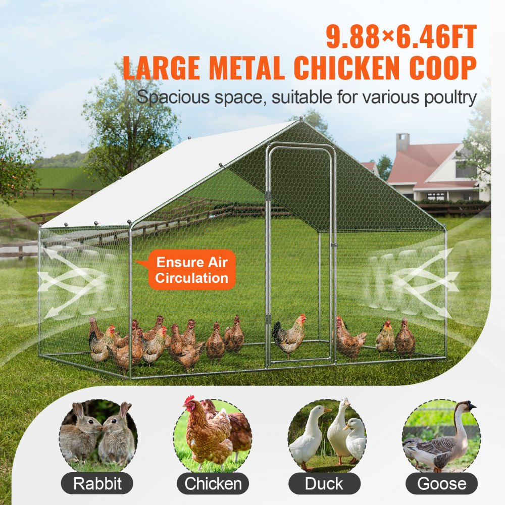 VEVOR Gallinero Grande de Metal, 3 x 1,97 x 1,99 m con Cubierta Impermeable, Gallinero con Techo de Aguja con Cerradura de Seguridad para Exteriores y Patio Trasero, Granja, Jaula para Patos y Conejos