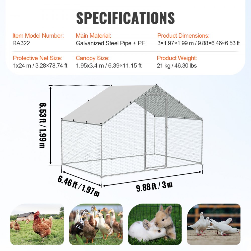 VEVOR Gallinero Grande de Metal, 3 x 1,97 x 1,99 m con Cubierta Impermeable, Gallinero con Techo de Aguja con Cerradura de Seguridad para Exteriores y Patio Trasero, Granja, Jaula para Patos y Conejos