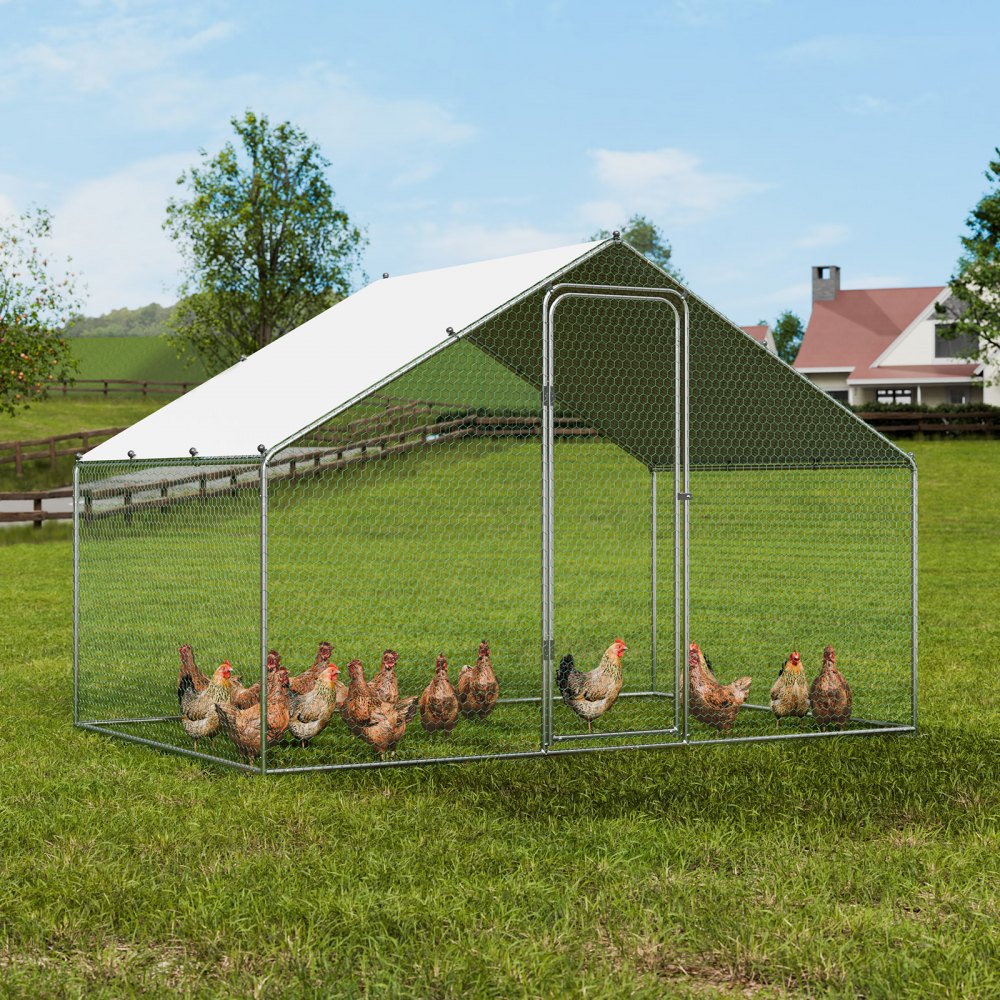 VEVOR Gallinero Grande de Metal, 3 x 1,97 x 1,99 m con Cubierta Impermeable, Gallinero con Techo de Aguja con Cerradura de Seguridad para Exteriores y Patio Trasero, Granja, Jaula para Patos y Conejos