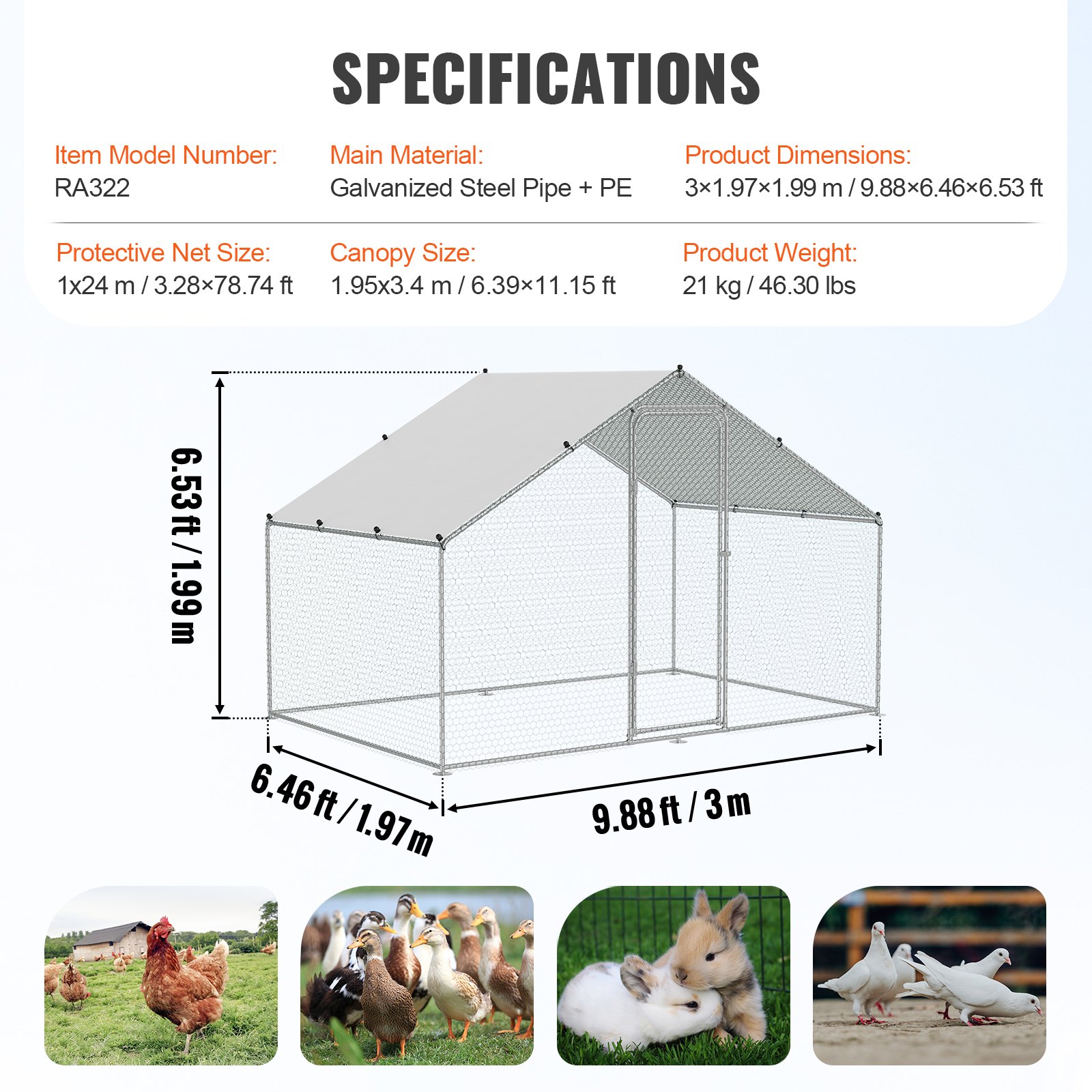 VEVOR Gallinero Grande de Metal, 3 x 1,97 x 1,99 m con Cubierta Impermeable, Gallinero con Techo de Aguja con Cerradura de Seguridad para Exteriores y Patio Trasero, Granja, Jaula para Patos y Conejos