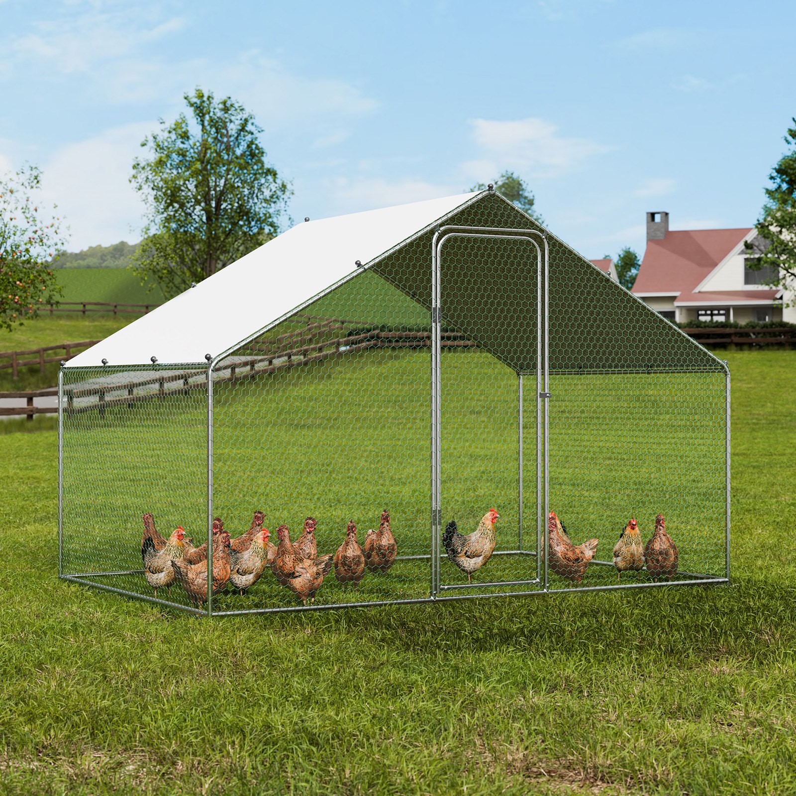 VEVOR Gallinero Grande de Metal, 3 x 1,97 x 1,99 m con Cubierta Impermeable, Gallinero con Techo de Aguja con Cerradura de Seguridad para Exteriores y Patio Trasero, Granja, Jaula para Patos y Conejos
