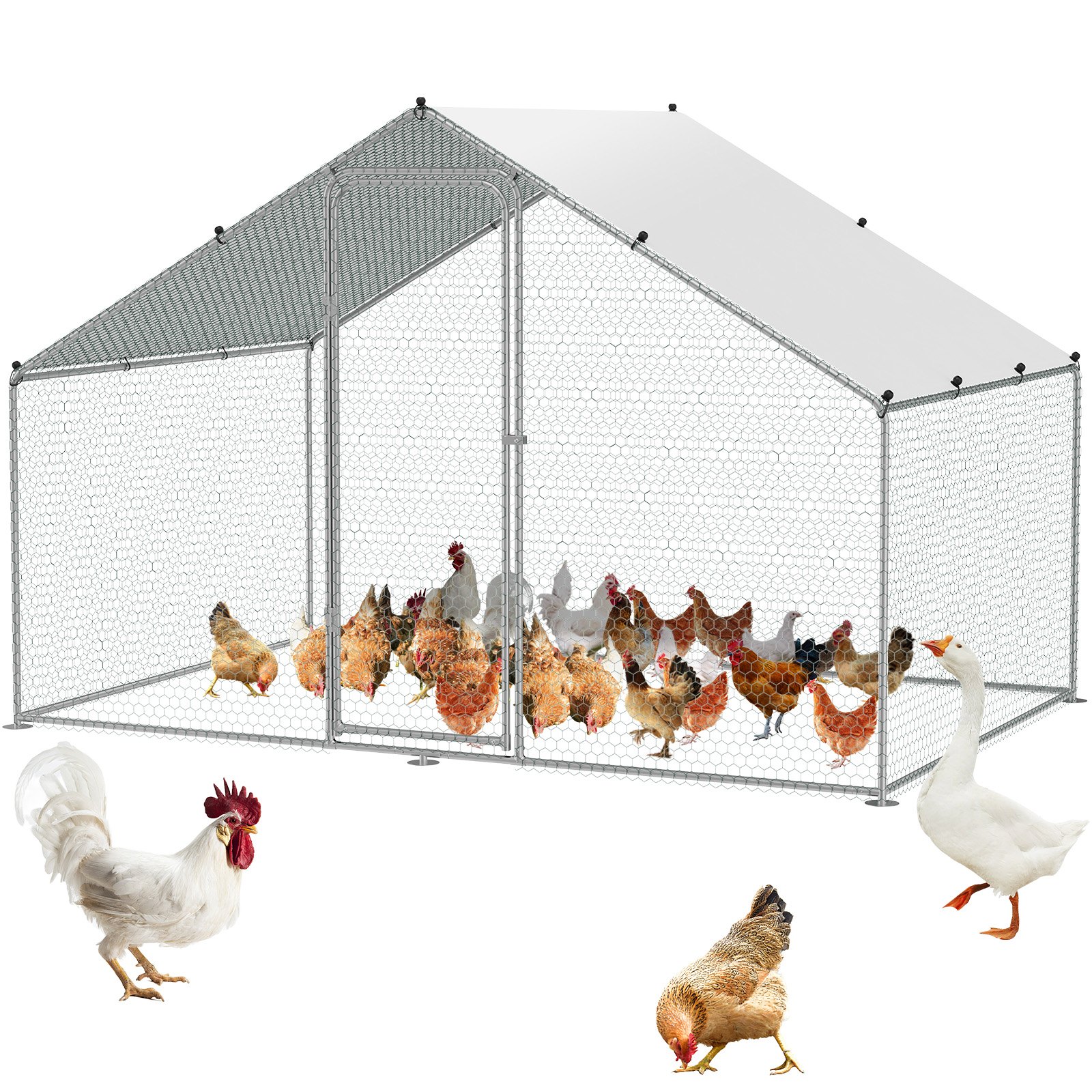VEVOR Gallinero Grande de Metal, 3 x 1,97 x 1,99 m con Cubierta Impermeable, Gallinero con Techo de Aguja con Cerradura de Seguridad para Exteriores y Patio Trasero, Granja, Jaula para Patos y Conejos