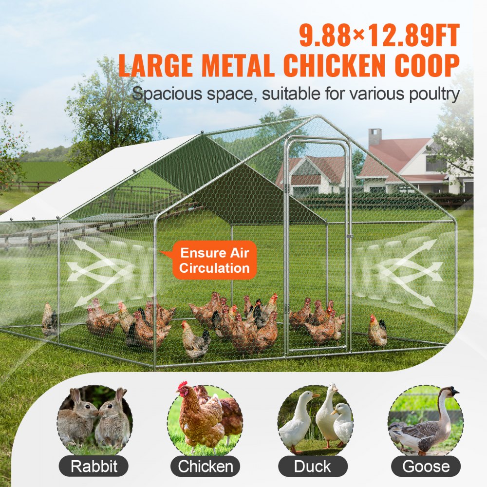 VEVOR Gallinero Grande de Metal, 3 x 3,93 x 1,99 m, Gallinero para Patio con Cubierta, Gallinero con Techo de Aguja con Cerradura de Seguridad para Exteriores y Patio Trasero, Granja, Jaula para Patos
