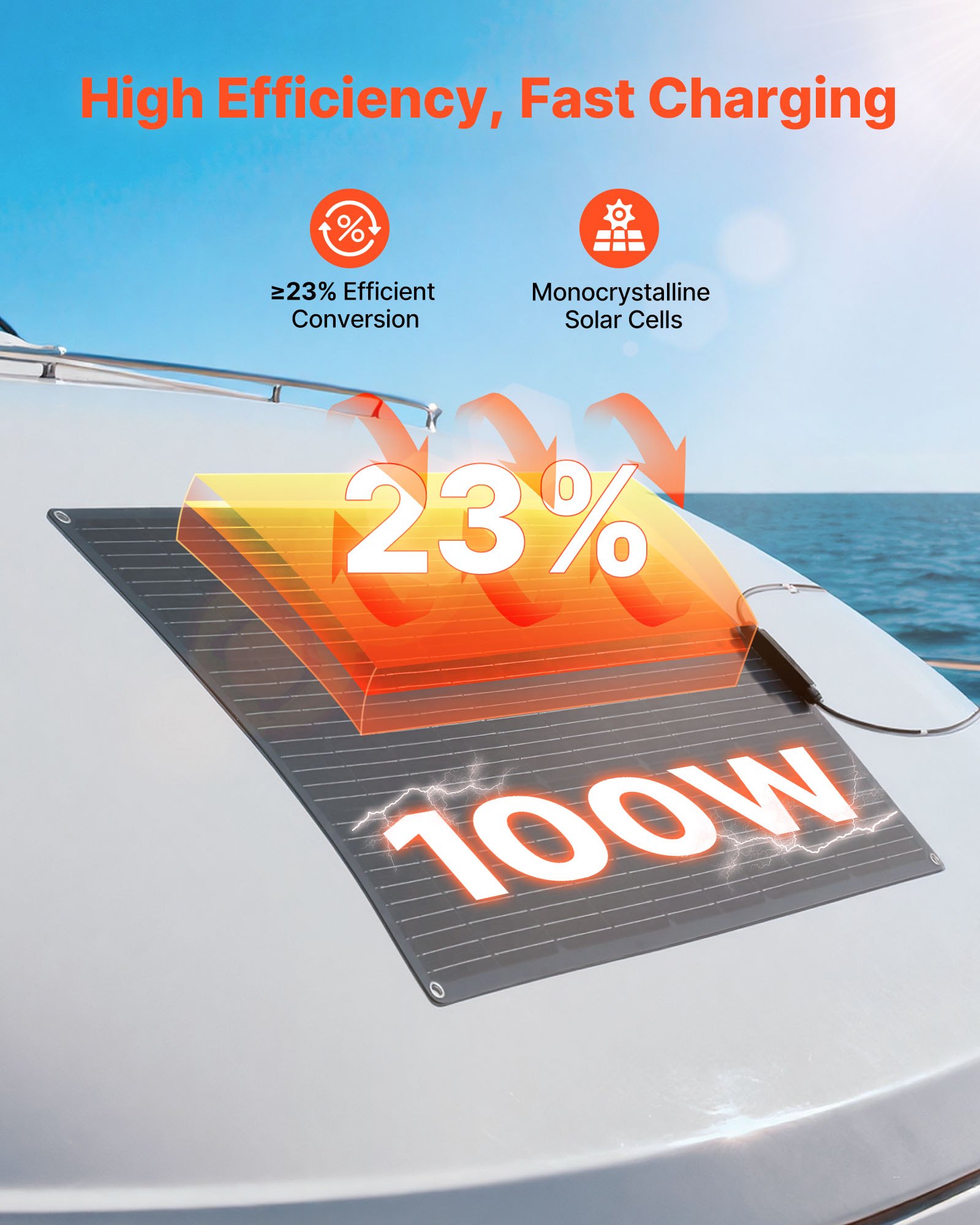 VEVOR Panel Solar Flexible Monocristalino de 100 W, Cargador Monofásico Fuera de Red con Eficiencia del 23 % y Salida MC4, para Superficies Curvas de Cabinas de Vehículos Recreativos y Marinos