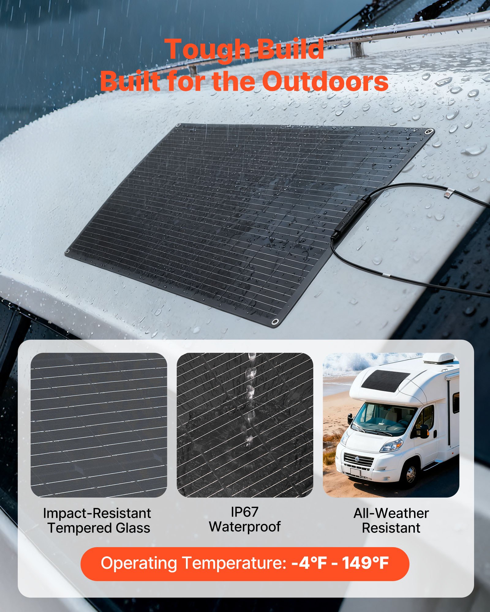 VEVOR Panel Solar Flexible Monocristalino de 100 W, Cargador Monofásico Fuera de Red con Eficiencia del 23 % y Salida MC4, para Superficies Curvas de Cabinas de Vehículos Recreativos y Marinos