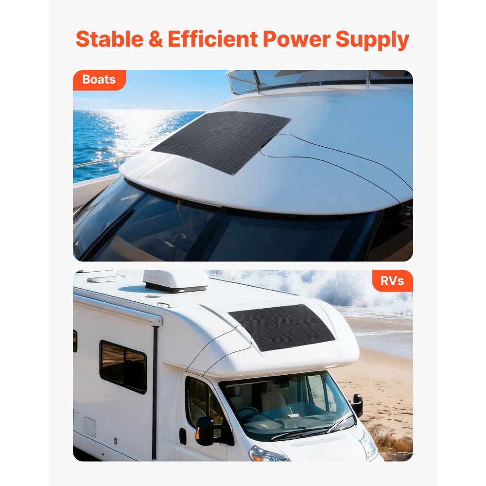 VEVOR Panel Solar Flexible 200 W, Cargador Monofásico Fuera de Red con Eficiencia del 21,9 % y Salida MC4, Impermeable IP67 para Superficies Curvas de Cabinas de Vehículos Recreativos y Marinos