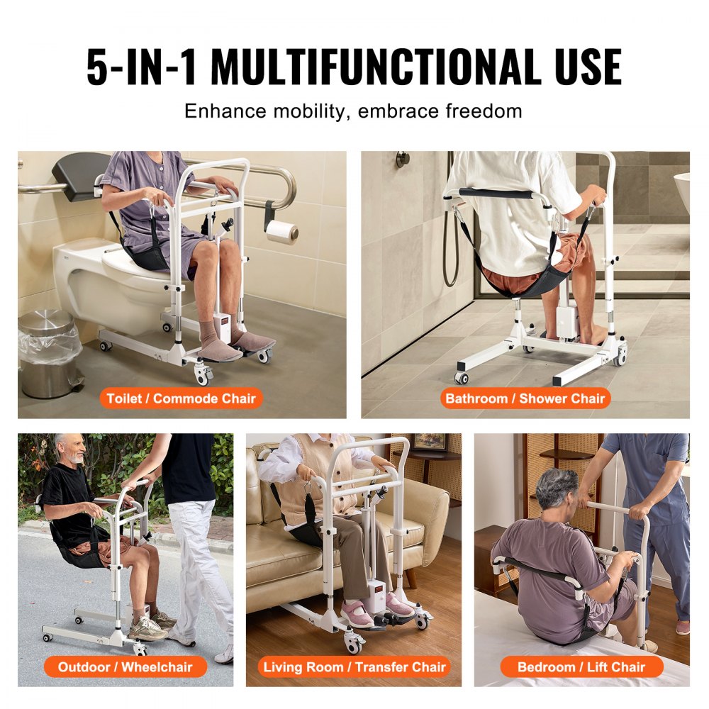 VEVOR Silla de Ruedas Elevadora de Pacientes Silla de Ruedas Eléctrica Plegable de Altura Ajustable con Ruedas y 2 Cojines de Asiento, Carga de 100 kg, para Personas Mayores discapacitadas