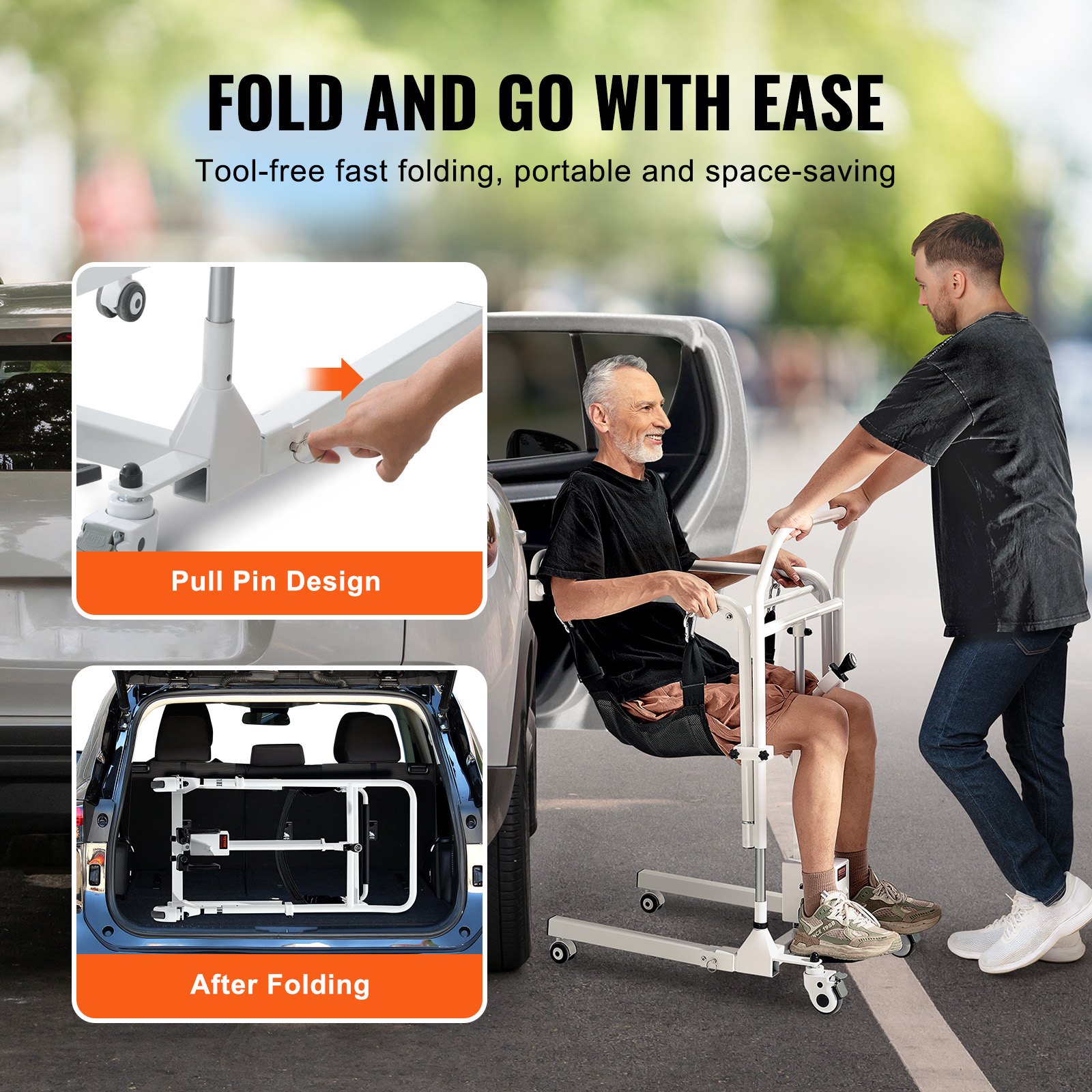 VEVOR Silla de Ruedas Elevadora de Pacientes Silla de Ruedas Eléctrica Plegable de Altura Ajustable con Ruedas y 2 Cojines de Asiento, Carga de 100 kg, para Personas Mayores discapacitadas