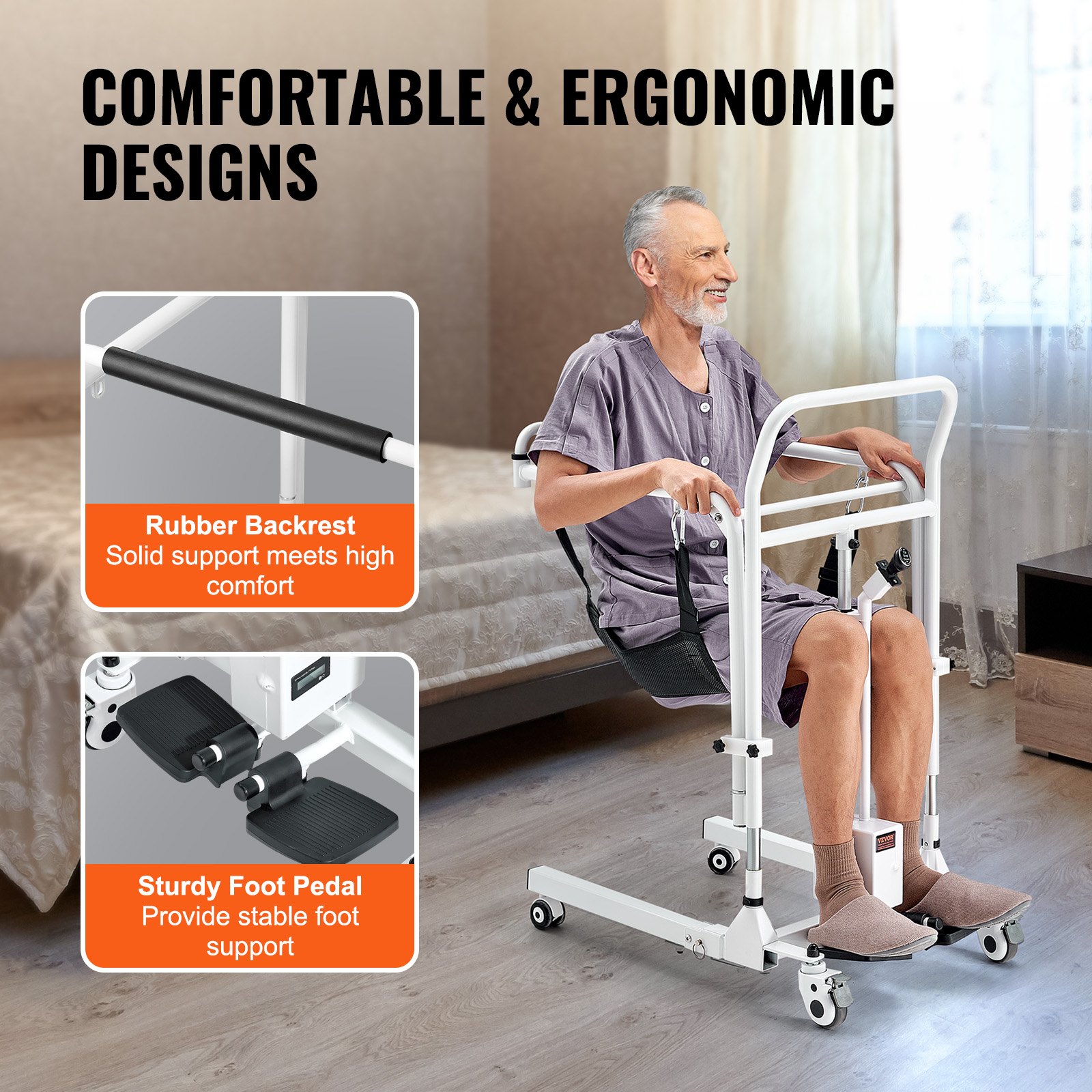 VEVOR Silla de Ruedas Elevadora de Pacientes Silla de Ruedas Eléctrica Plegable de Altura Ajustable con Ruedas y 2 Cojines de Asiento, Carga de 100 kg, para Personas Mayores discapacitadas