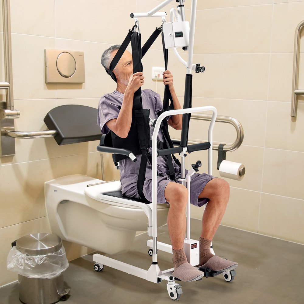 VEVOR Electric Patient Lift Transfer Chair, Electric Lift Wheelchair with Sling and Adjustable Height, Nighttime Toilet Shower Chair with 180° Split Seat and Bedpan for Disabled Seniors, 100 kg Load Capacity