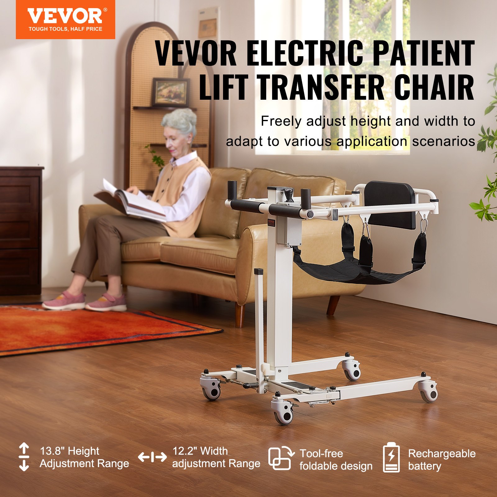 VEVOR Silla de Ruedas Elevadora de Pacientes con Altura y Ancho Ajustables Silla Eléctrica Plegable para Traslado de Pacientes Capacidad de Carga 100 kg para Ancianos Discapacitados, Hogar, Coche