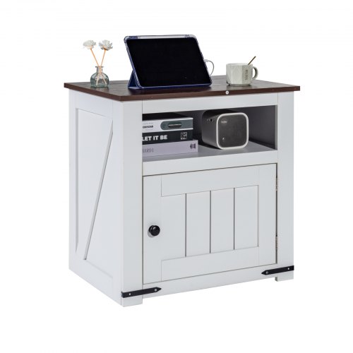 VEVOR Mesa Auxiliar Estilo Granja de 610 x 457 x 608 mm, Mesa de Noche Estrecha de 3 Niveles con Puertos USB, Tomas de Corriente, Armario de Almacenamiento para Sala de Estar, Oficina, Blanco